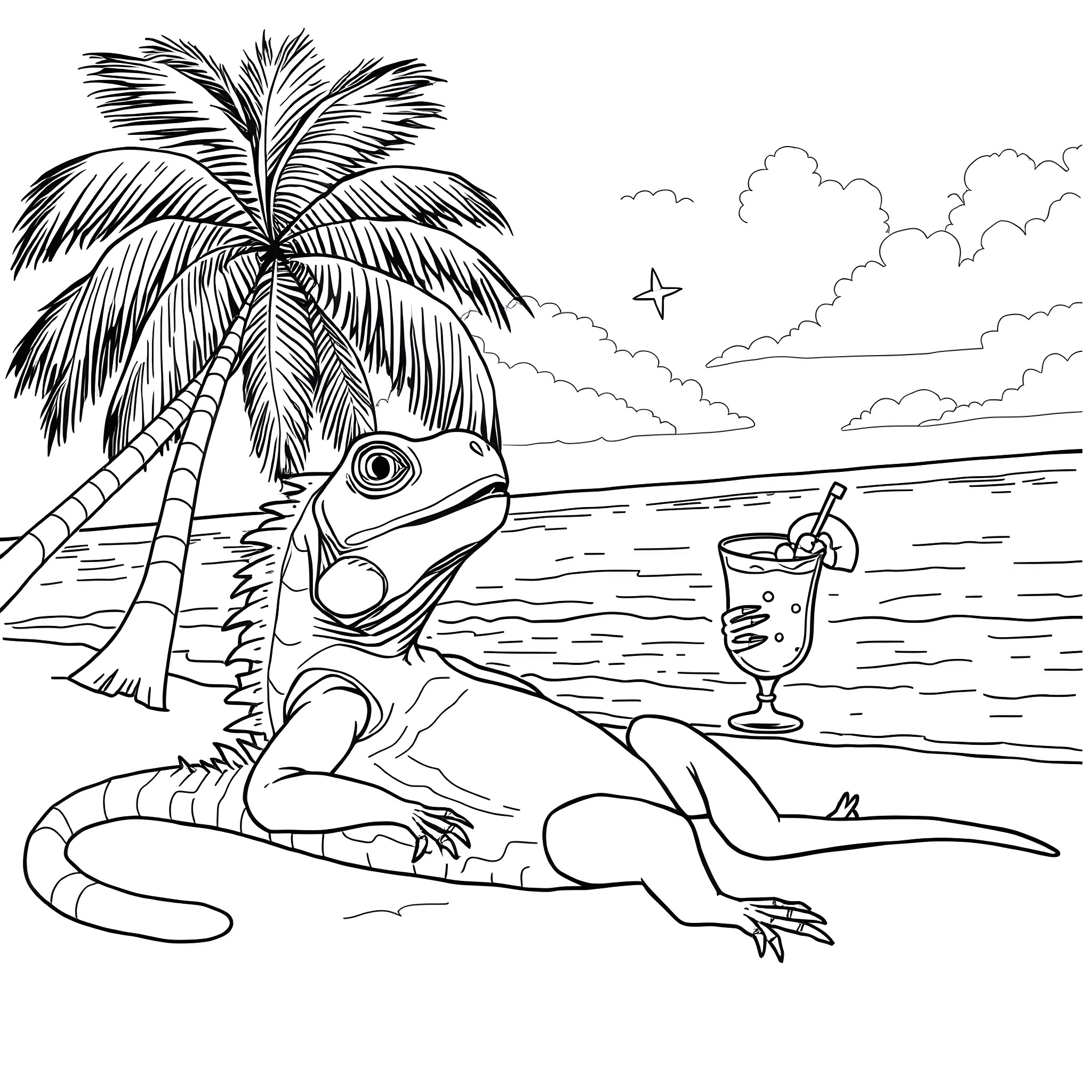 Iguana relaxing on the beach with a tropical drink Coloring Page (free black-and-white line drawing printable PDF for all, from beginners to advanced learners, including children, teens, adults, and seniors)