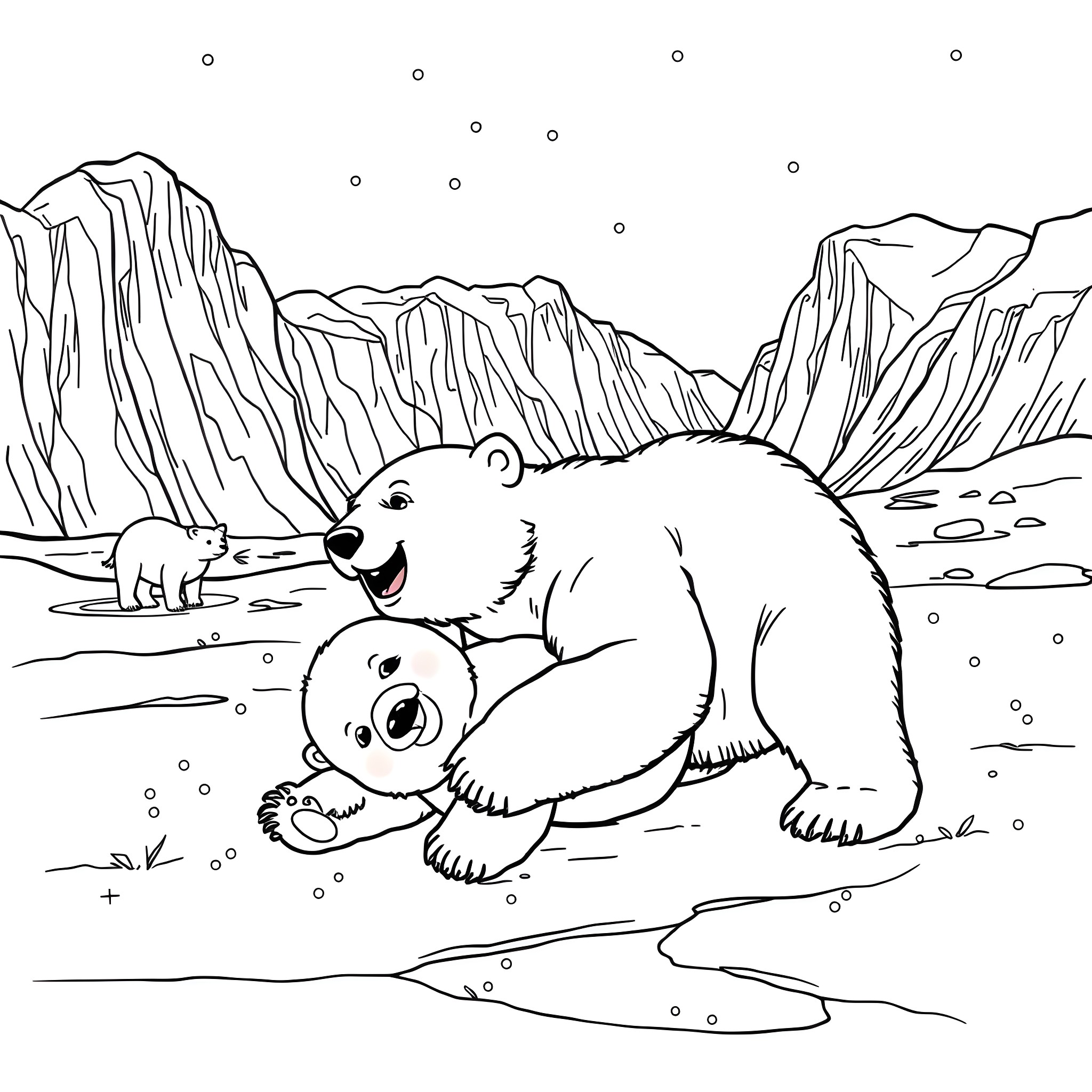 Polar Bears Playing in the Arctic Landscape Coloring Page (free black-and-white line drawing printable PDF for all, from beginners to advanced learners, including children, teens, adults, and seniors)