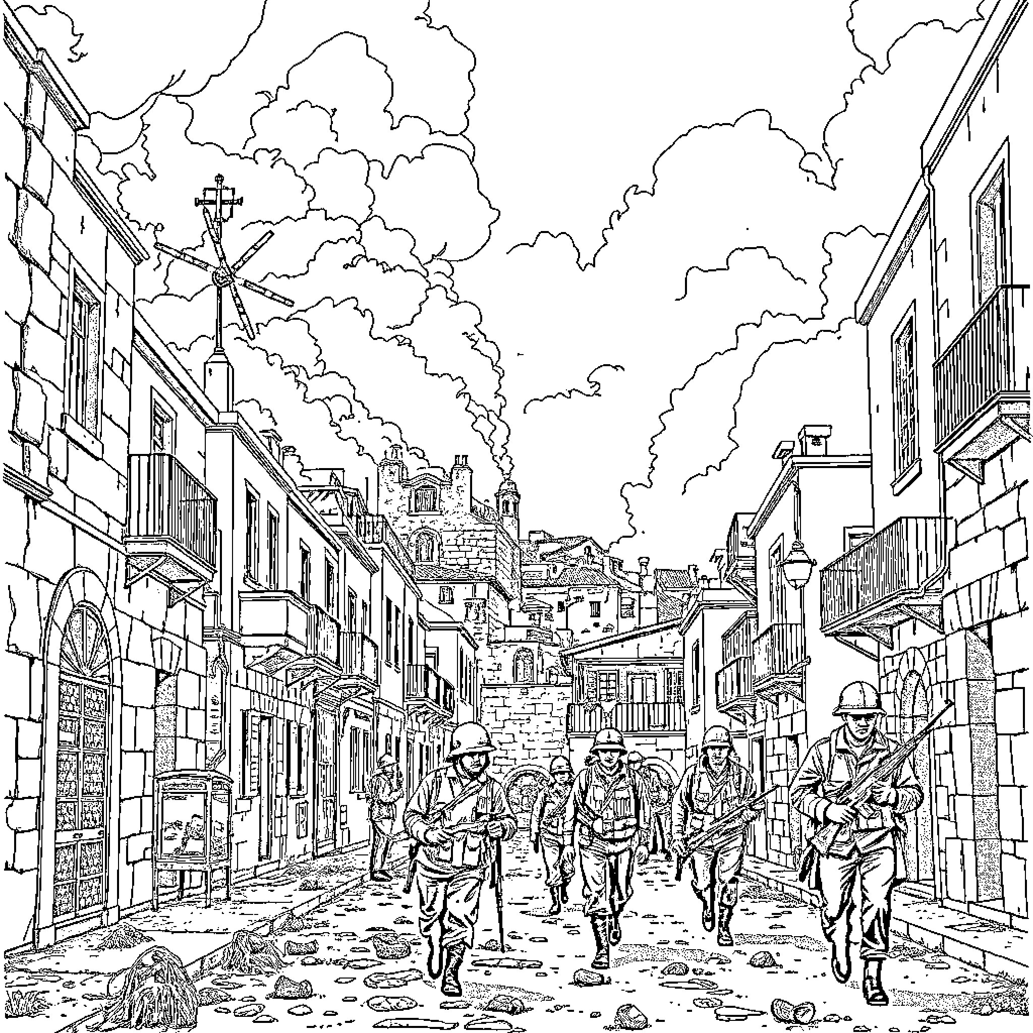 War-torn city with soldiers on the streets Coloring Page (free black-and-white line drawing printable PDF for all, from beginners to advanced learners, including children, teens, adults, and seniors)