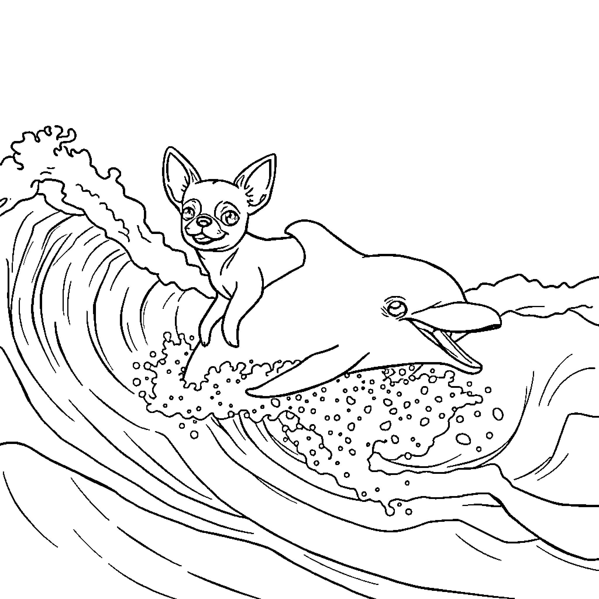 Chihuahua surfing with dolphins in the ocean Coloring Page (free black-and-white line drawing printable PDF for all, from beginners to advanced learners, including children, teens, adults, and seniors)