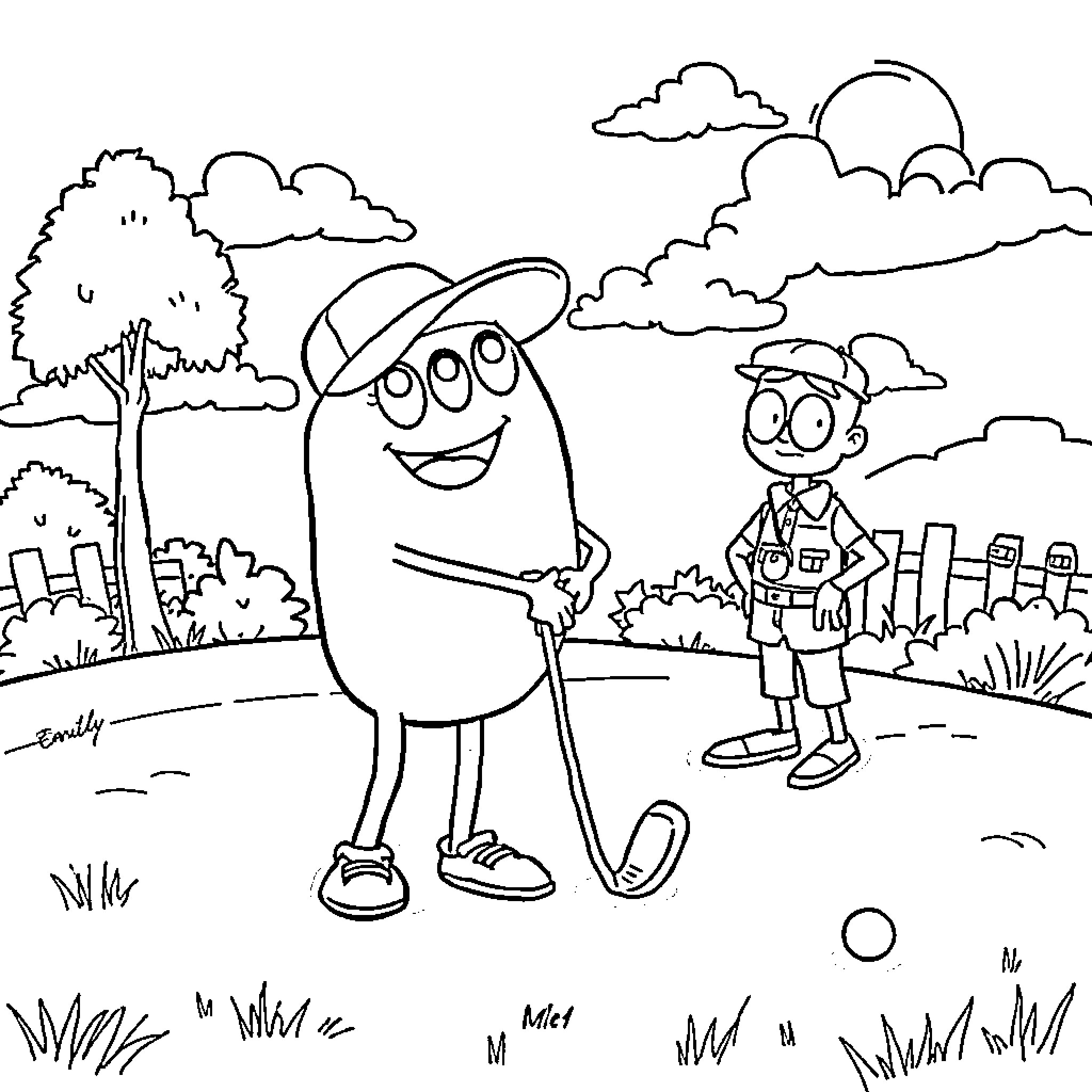 Creeper enjoying a game of golf with friend Coloring Page (free black-and-white line drawing printable PDF for all, from beginners to advanced learners, including children, teens, adults, and seniors)