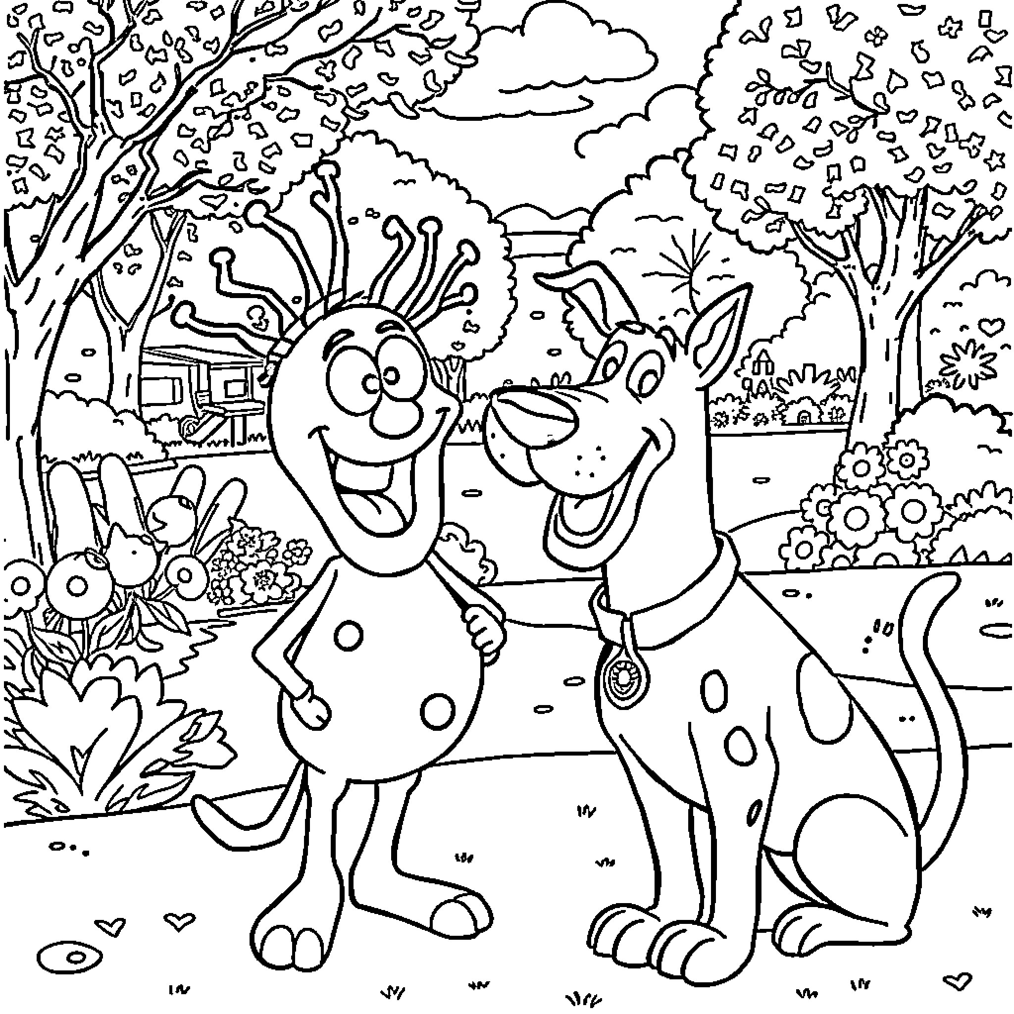 Brainrot of joyful cartoon characters in nature Coloring Page (free black-and-white line drawing printable PDF for all, from beginners to advanced learners, including children, teens, adults, and seniors)