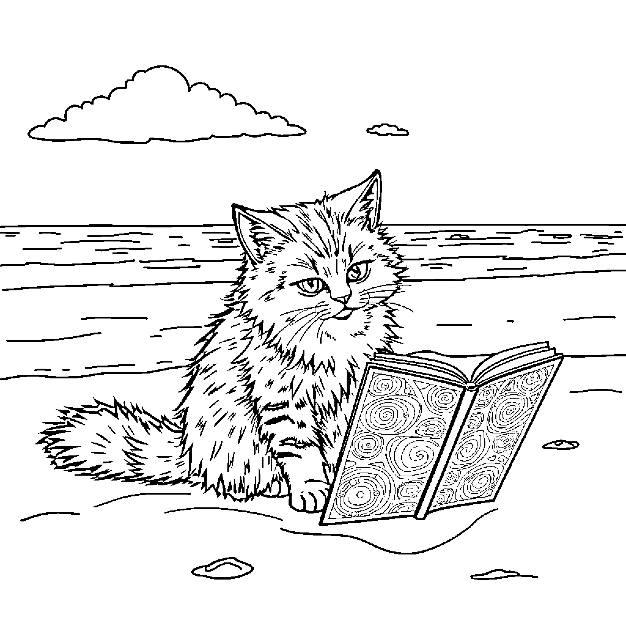 Cat reading an ornate book by the shore Coloring Page (free black-and-white line drawing printable PDF for all, from beginners to advanced learners, including children, teens, adults, and seniors)