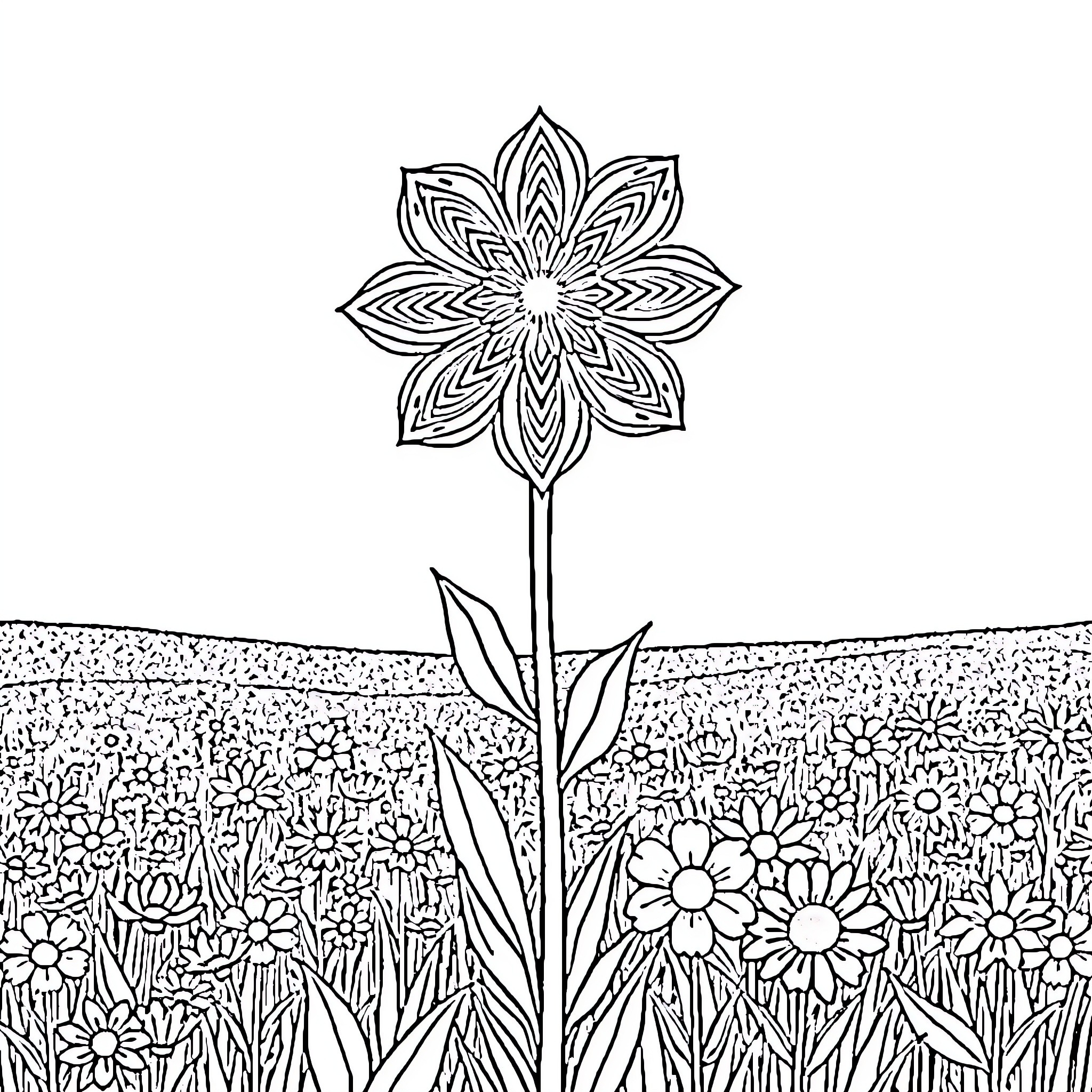 Flower with intricate petal design in a field Coloring Page (free black-and-white line drawing printable PDF for all, from beginners to advanced learners, including children, teens, adults, and seniors)