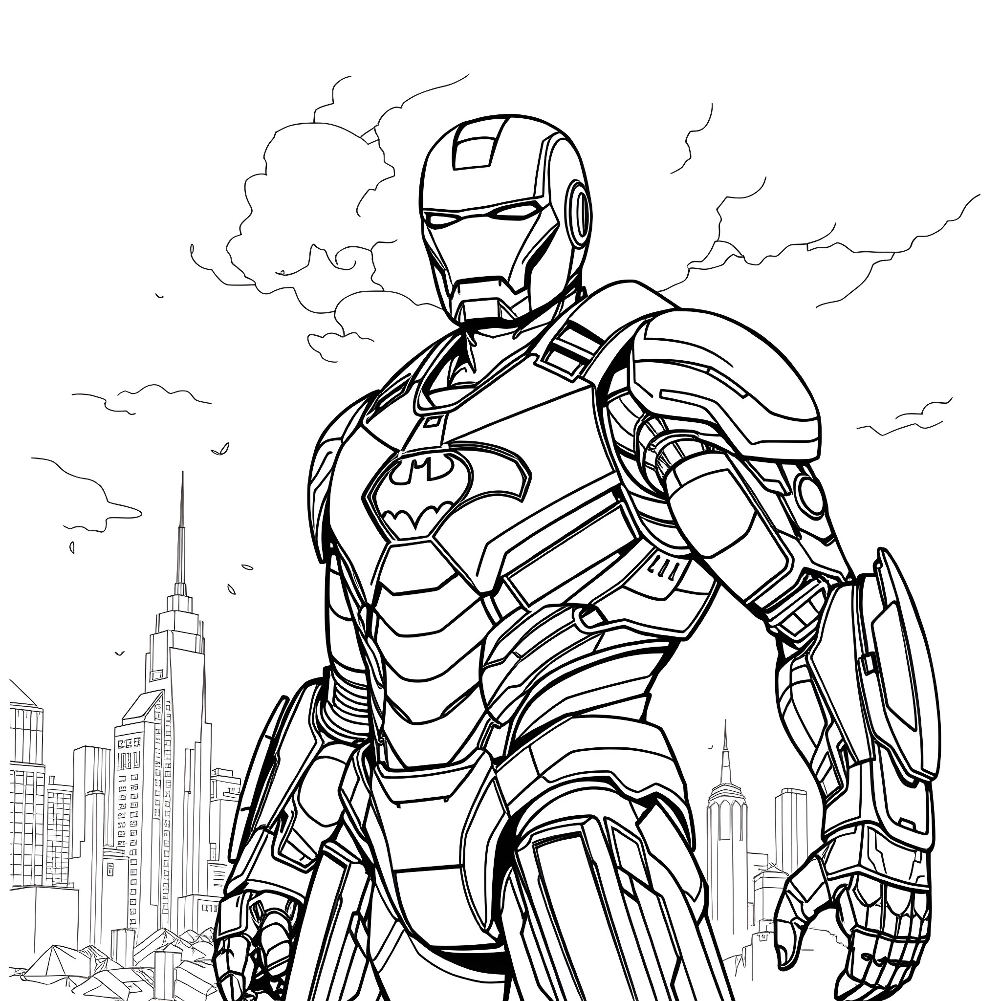 Ironman in heroic pose against city skyline Coloring Page (free black-and-white line drawing printable PDF for all, from beginners to advanced learners, including children, teens, adults, and seniors)