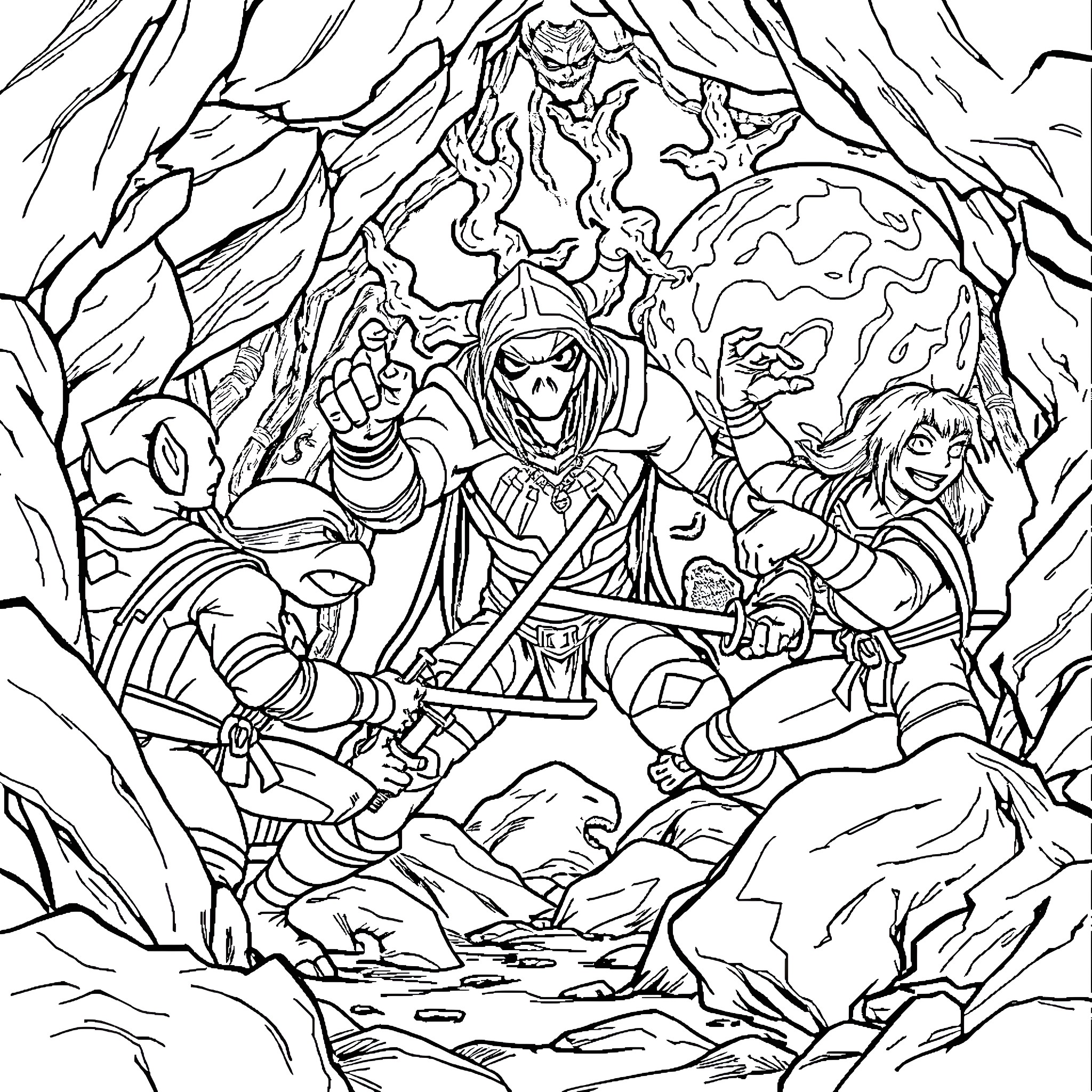 Ninja Turtle Heroes Battling Villains in Dramatic Scene Coloring Page (free black-and-white line drawing printable PDF for all, from beginners to advanced learners, including children, teens, adults, and seniors)