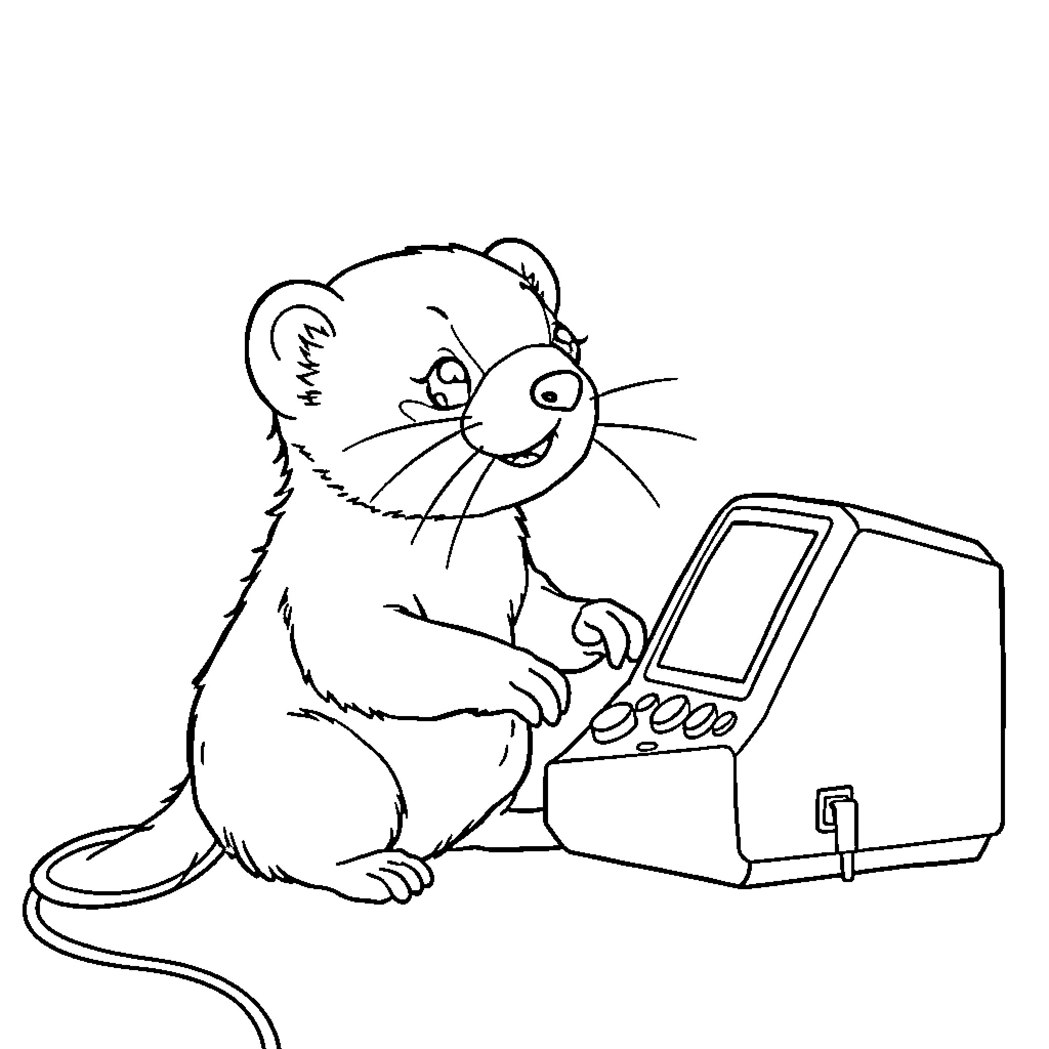 Ferret using a computer with enthusiasm Coloring Page (free black-and-white line drawing printable PDF for all, from beginners to advanced learners, including children, teens, adults, and seniors)