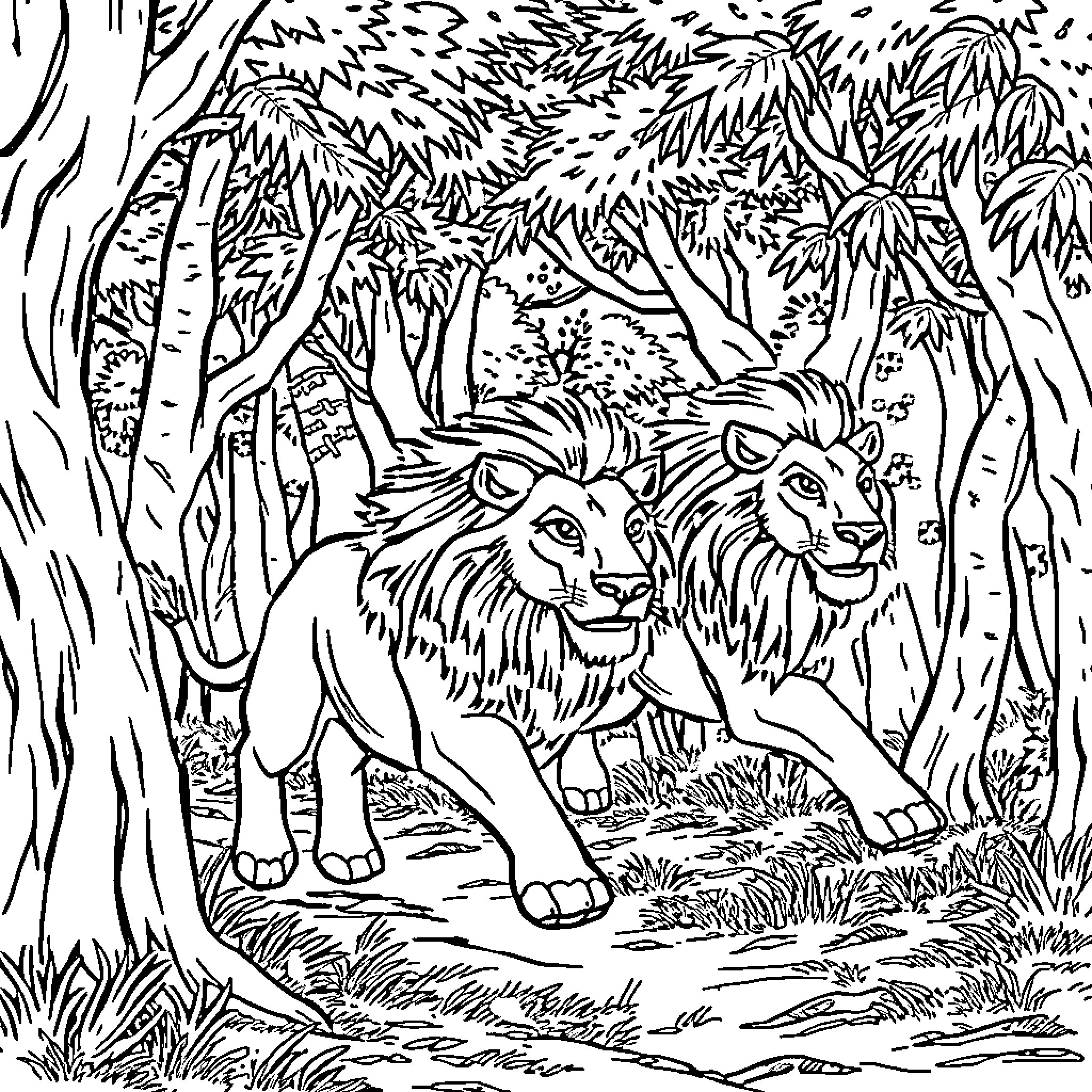 Leon's Adventure in the Lush Jungle Coloring Page (free black-and-white line drawing printable PDF for all, from beginners to advanced learners, including children, teens, adults, and seniors)