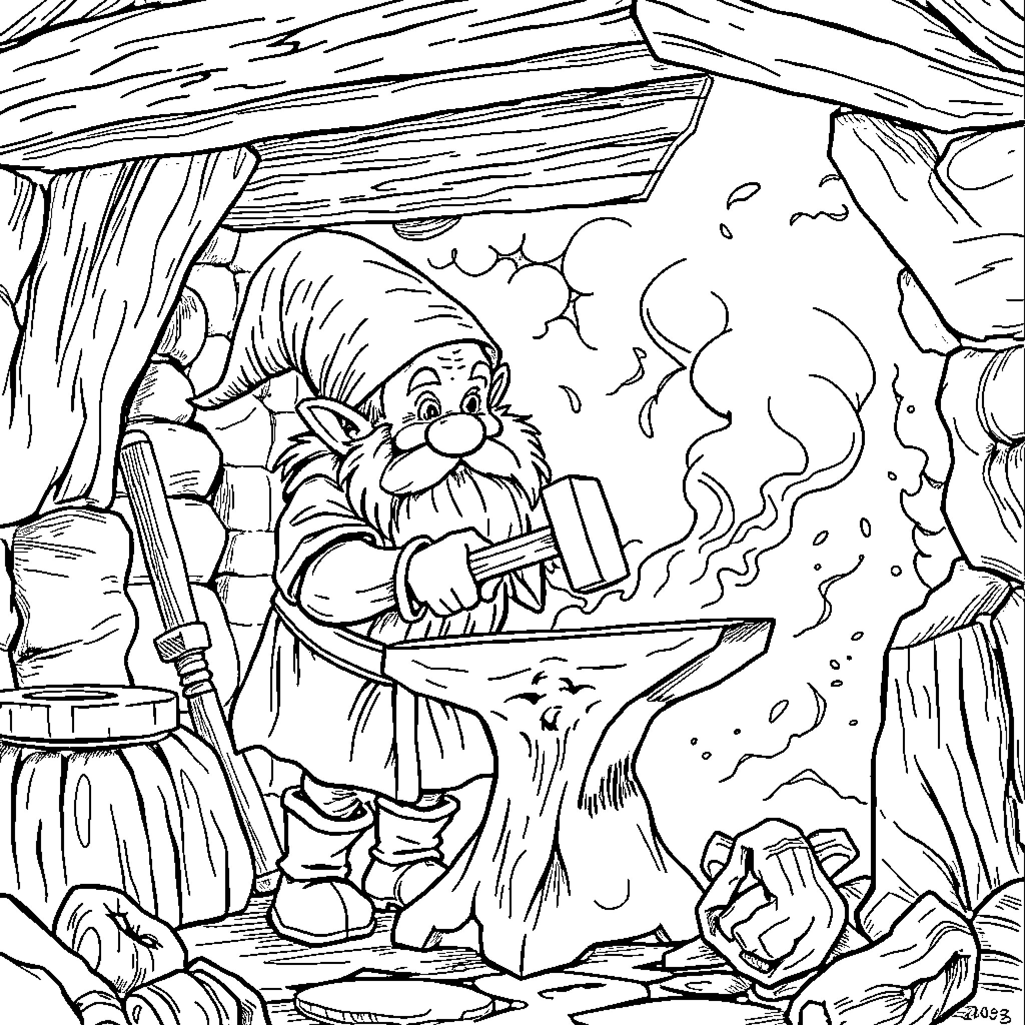 Dwarf blacksmith hammering metal in a cave Coloring Page (free black-and-white line drawing printable PDF for all, from beginners to advanced learners, including children, teens, adults, and seniors)
