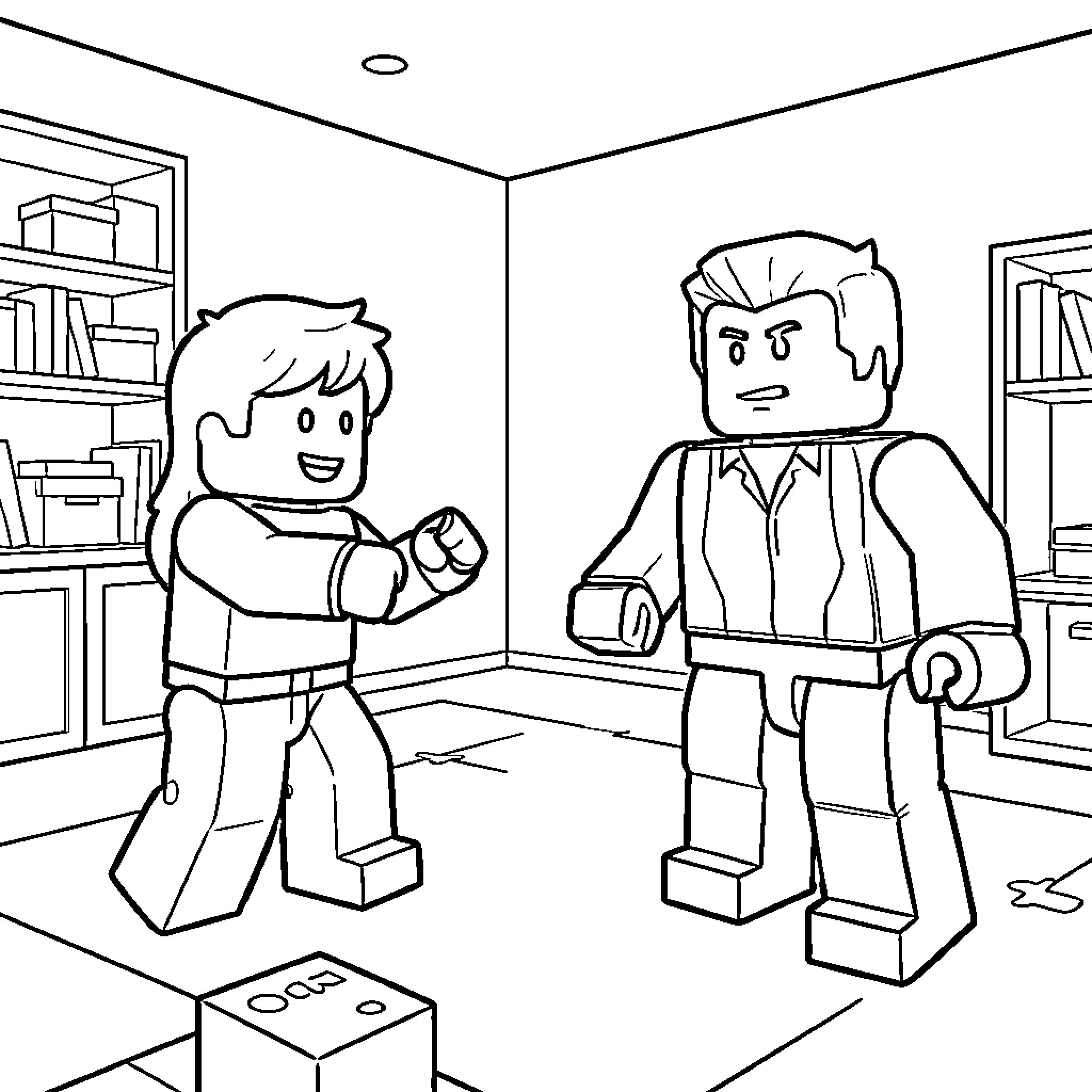 Noob block characters playing together in a room Coloring Page (free black-and-white line drawing printable PDF for all, from beginners to advanced learners, including children, teens, adults, and seniors)