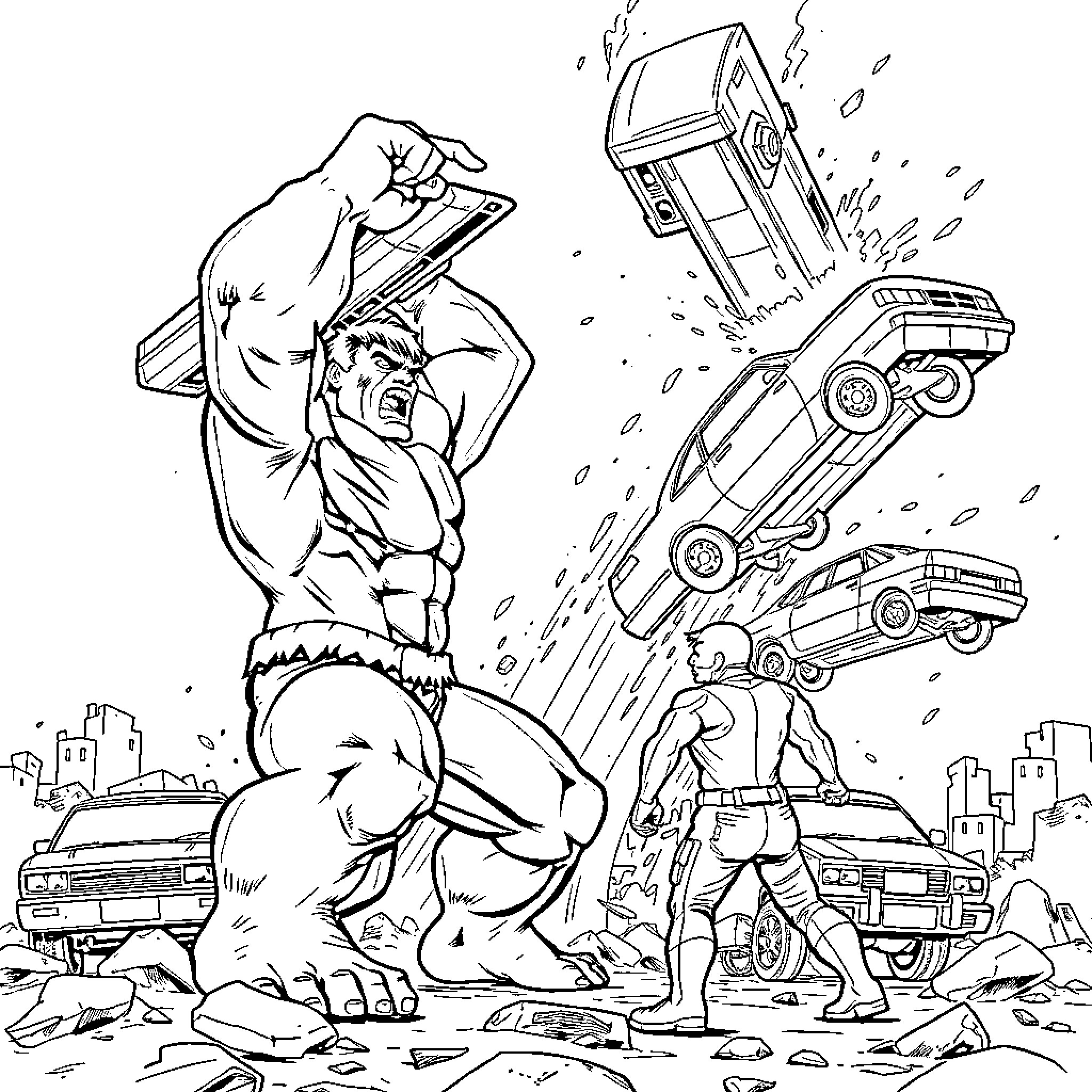 Hulk unleashing power in destructive urban scene Coloring Page (free black-and-white line drawing printable PDF for all, from beginners to advanced learners, including children, teens, adults, and seniors)