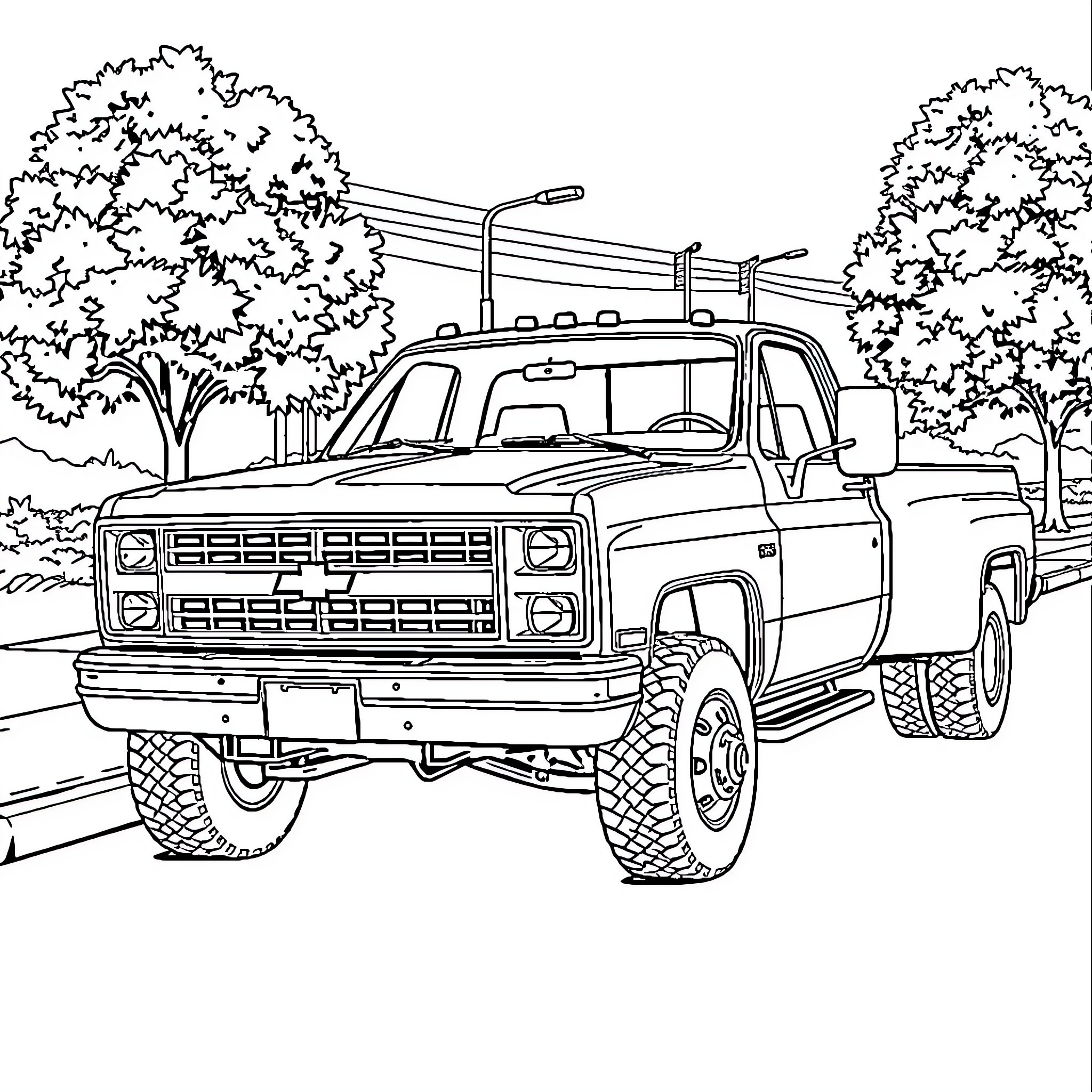 Chevy truck in outdoor nature scene Coloring Page (free black-and-white line drawing printable PDF for all, from beginners to advanced learners, including children, teens, adults, and seniors)