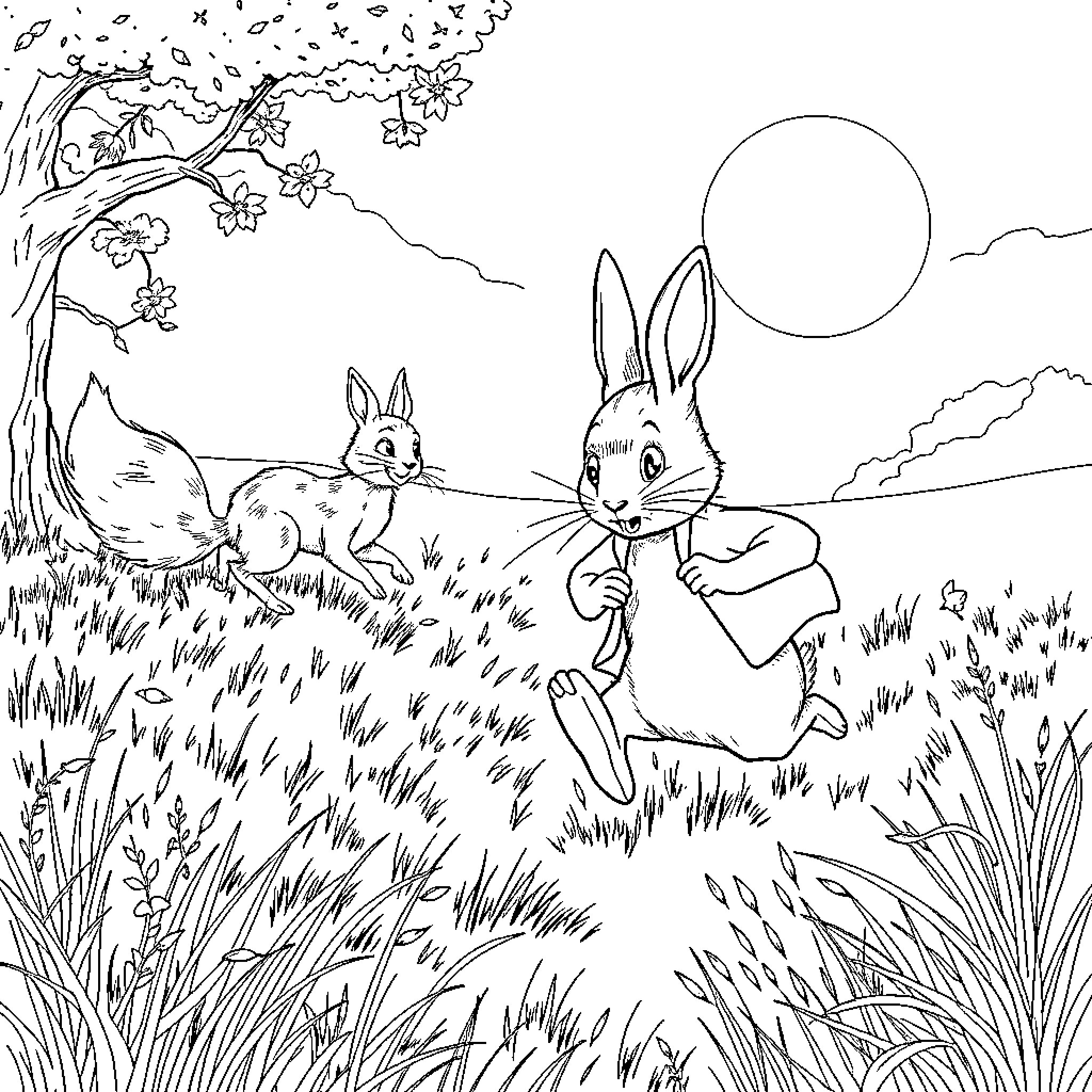 Peter Rabbit and friend exploring the beautiful outdoors Coloring Page (free black-and-white line drawing printable PDF for all, from beginners to advanced learners, including children, teens, adults, and seniors)