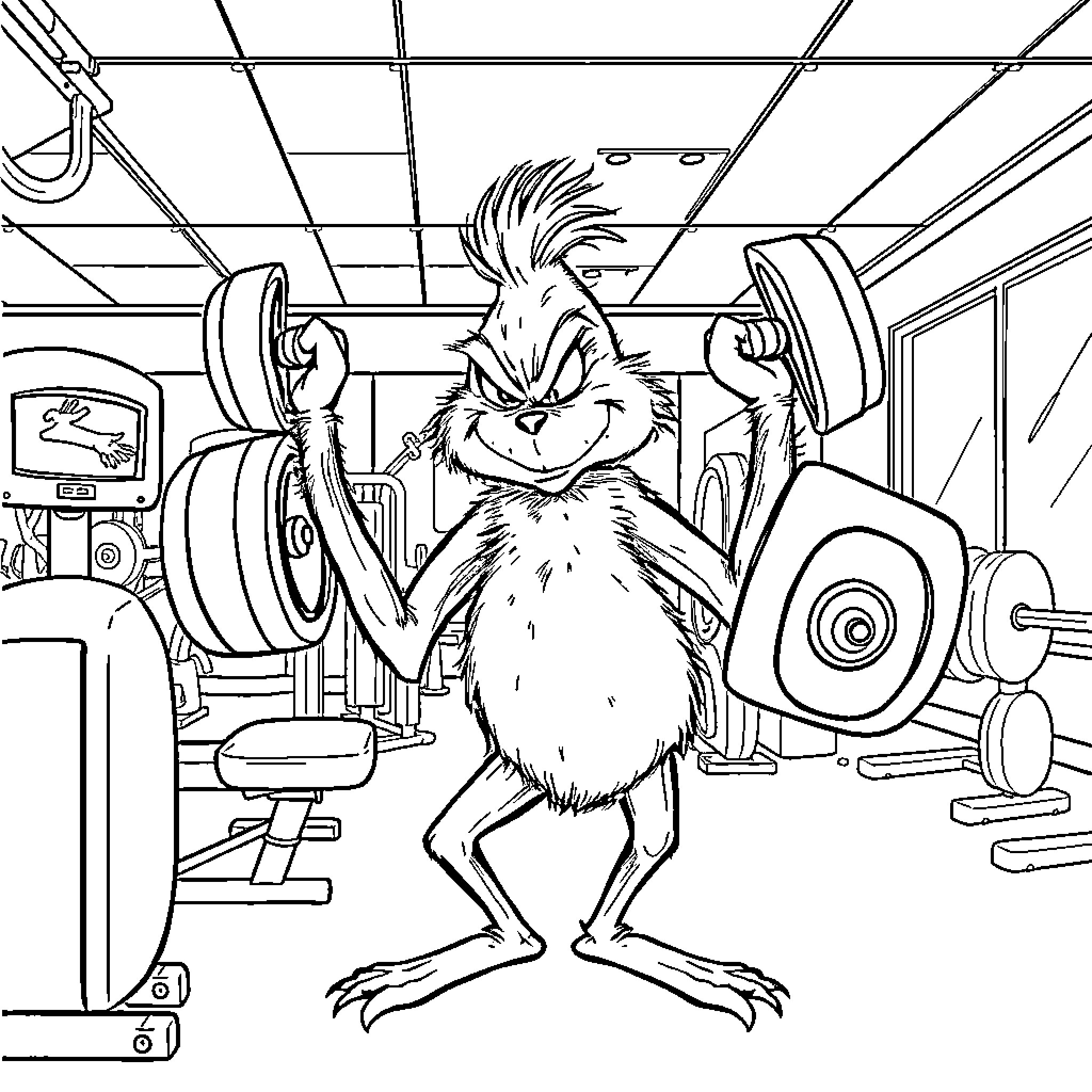 Grinch working out in a gym with exercise equipment Coloring Page (free black-and-white line drawing printable PDF for all, from beginners to advanced learners, including children, teens, adults, and seniors)