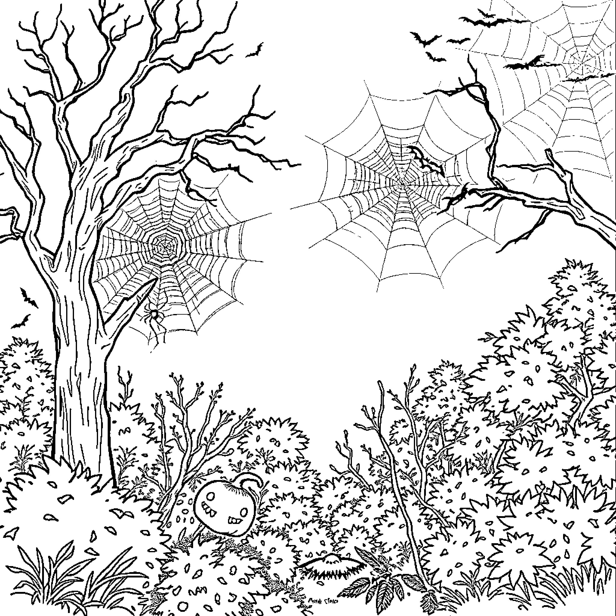 Spiderweb in the spooky forest Coloring Page (free black-and-white line drawing printable PDF for all, from beginners to advanced learners, including children, teens, adults, and seniors)