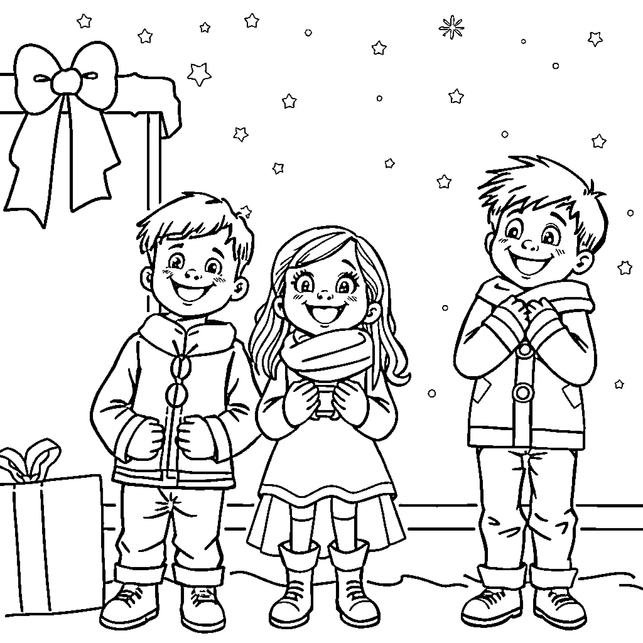 Child playing with presents in winter scene Coloring Page (free black-and-white line drawing printable PDF for all, from beginners to advanced learners, including children, teens, adults, and seniors)
