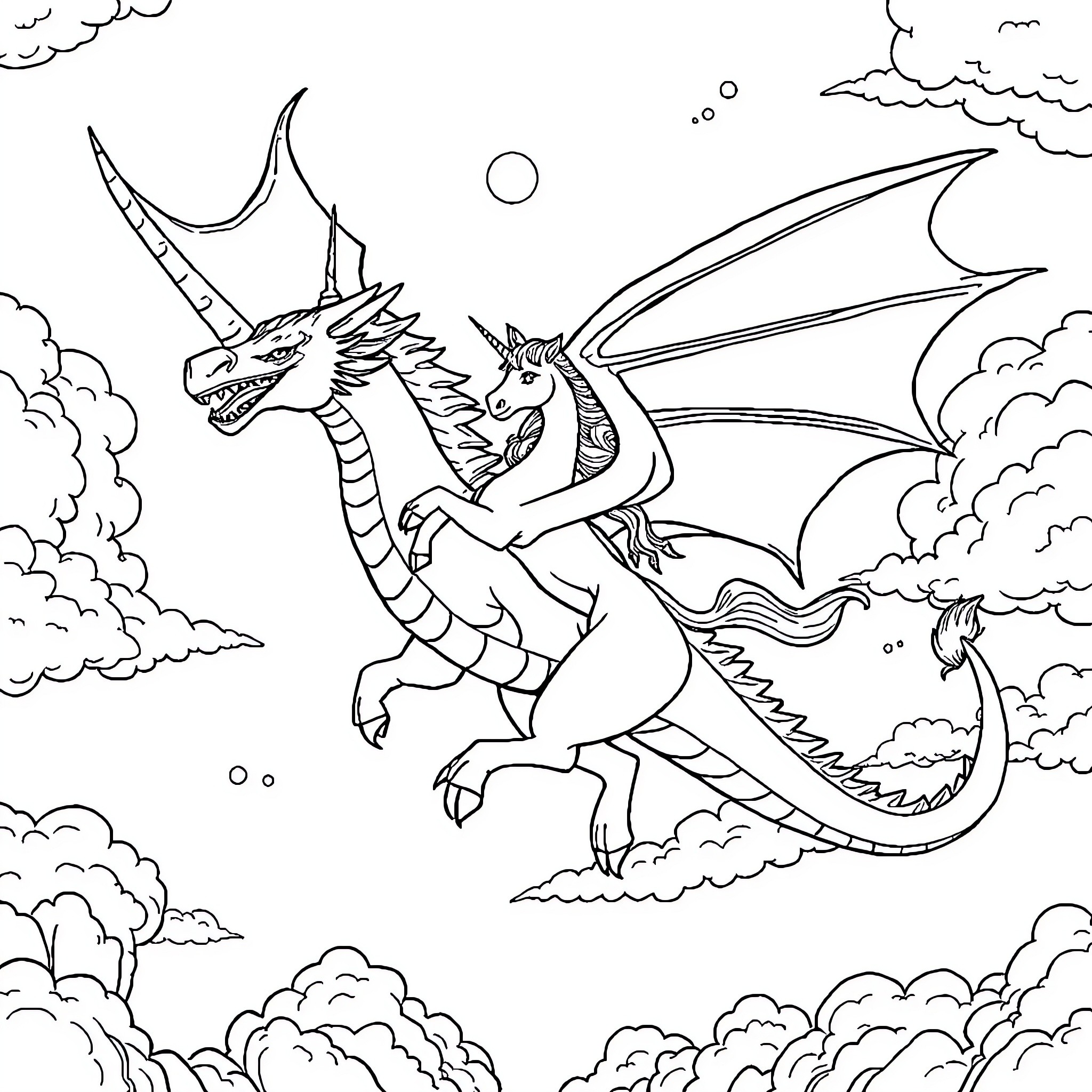 Dragon Duo Soaring through Cloudy Skies Coloring Page (free black-and-white line drawing printable PDF for all, from beginners to advanced learners, including children, teens, adults, and seniors)