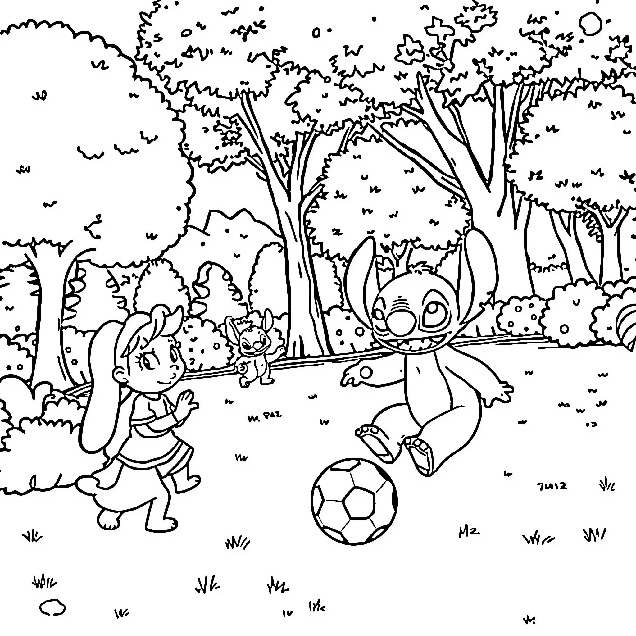 Stitch playing with friends in the park Coloring Page (free black-and-white line drawing printable PDF for all, from beginners to advanced learners, including children, teens, adults, and seniors)