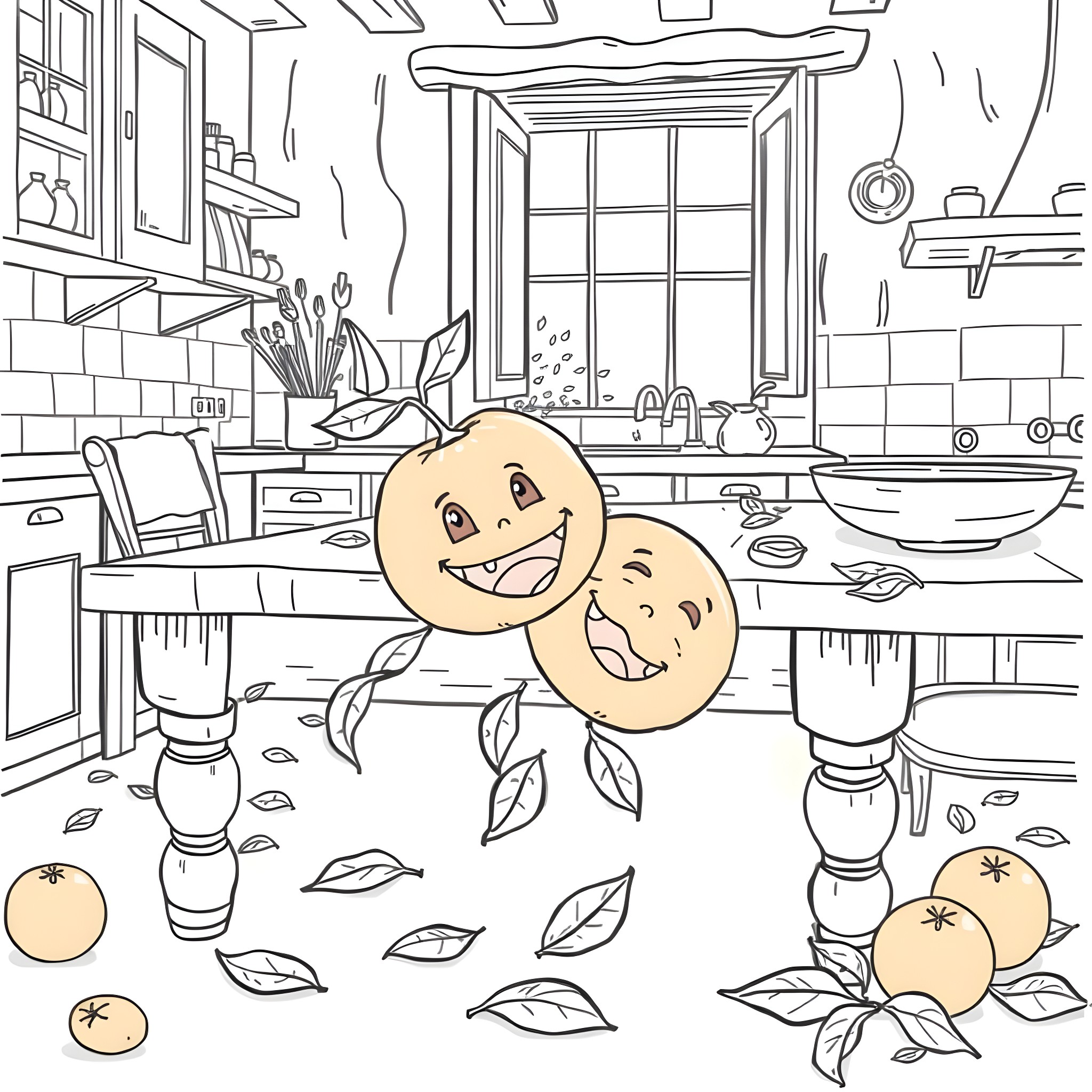 Orange Cartoon Characters in a Cozy Kitchen Coloring Page (free black-and-white line drawing printable PDF for all, from beginners to advanced learners, including children, teens, adults, and seniors)