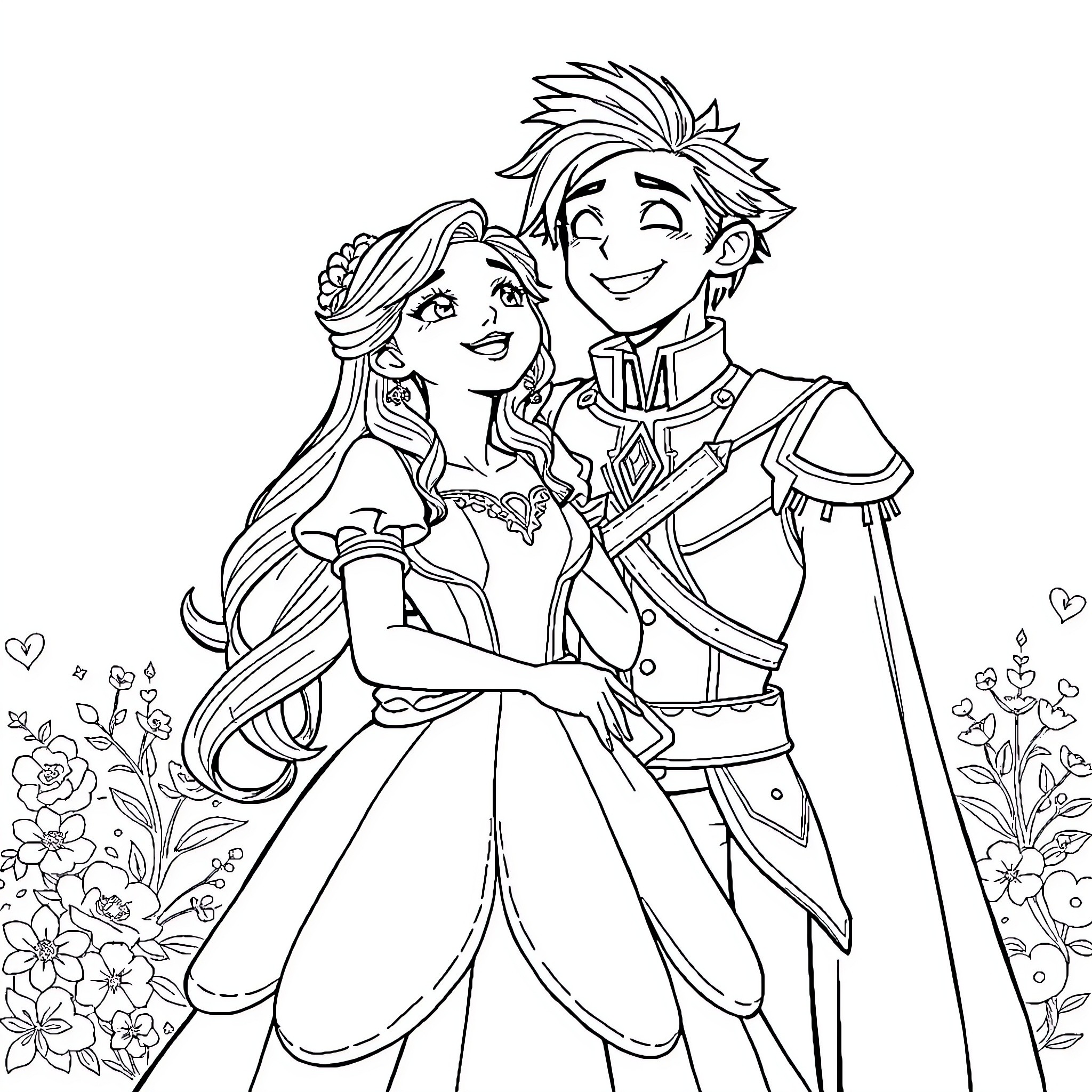 Zack Fair and his companion in a fairytale-like scene Coloring Page (free black-and-white line drawing printable PDF for all, from beginners to advanced learners, including children, teens, adults, and seniors)