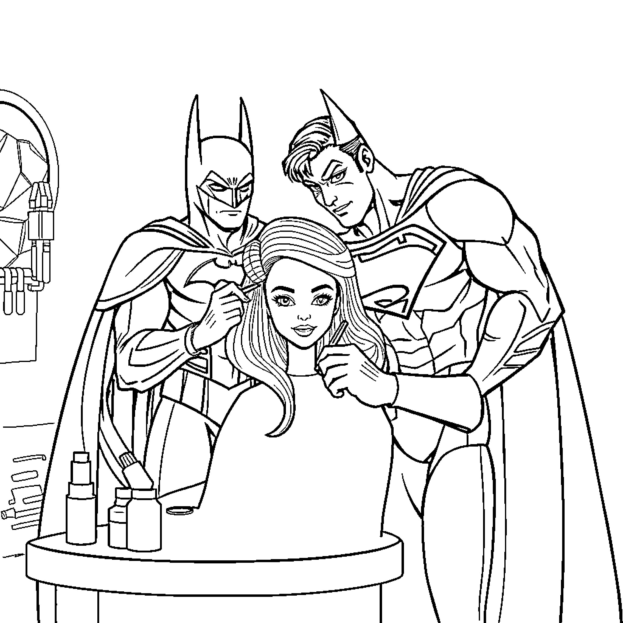 Batman and Superman helping a woman get a makeover Coloring Page (free black-and-white line drawing printable PDF for all, from beginners to advanced learners, including children, teens, adults, and seniors)