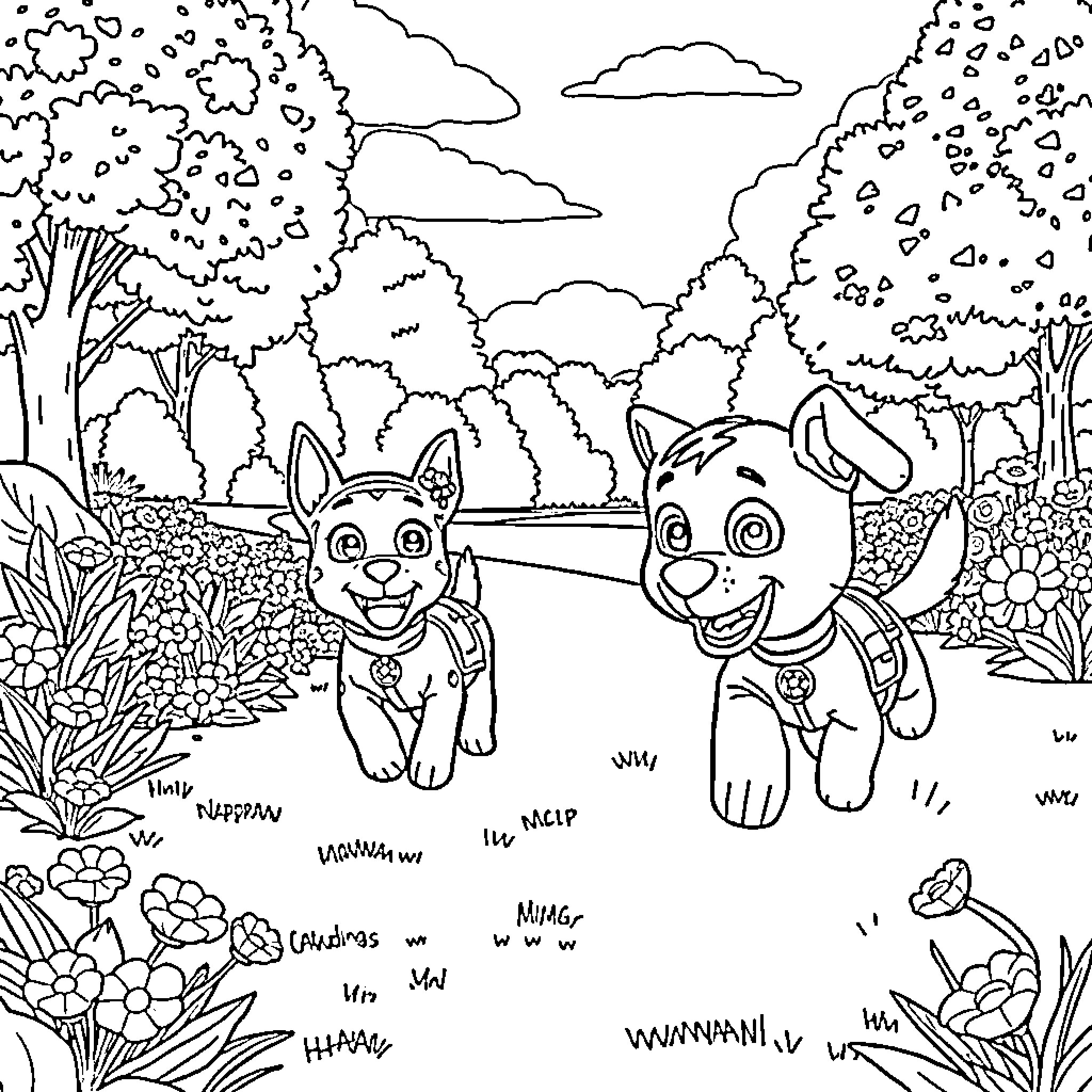 Paw Patrol characters exploring the forest landscape Coloring Page (free black-and-white line drawing printable PDF for all, from beginners to advanced learners, including children, teens, adults, and seniors)