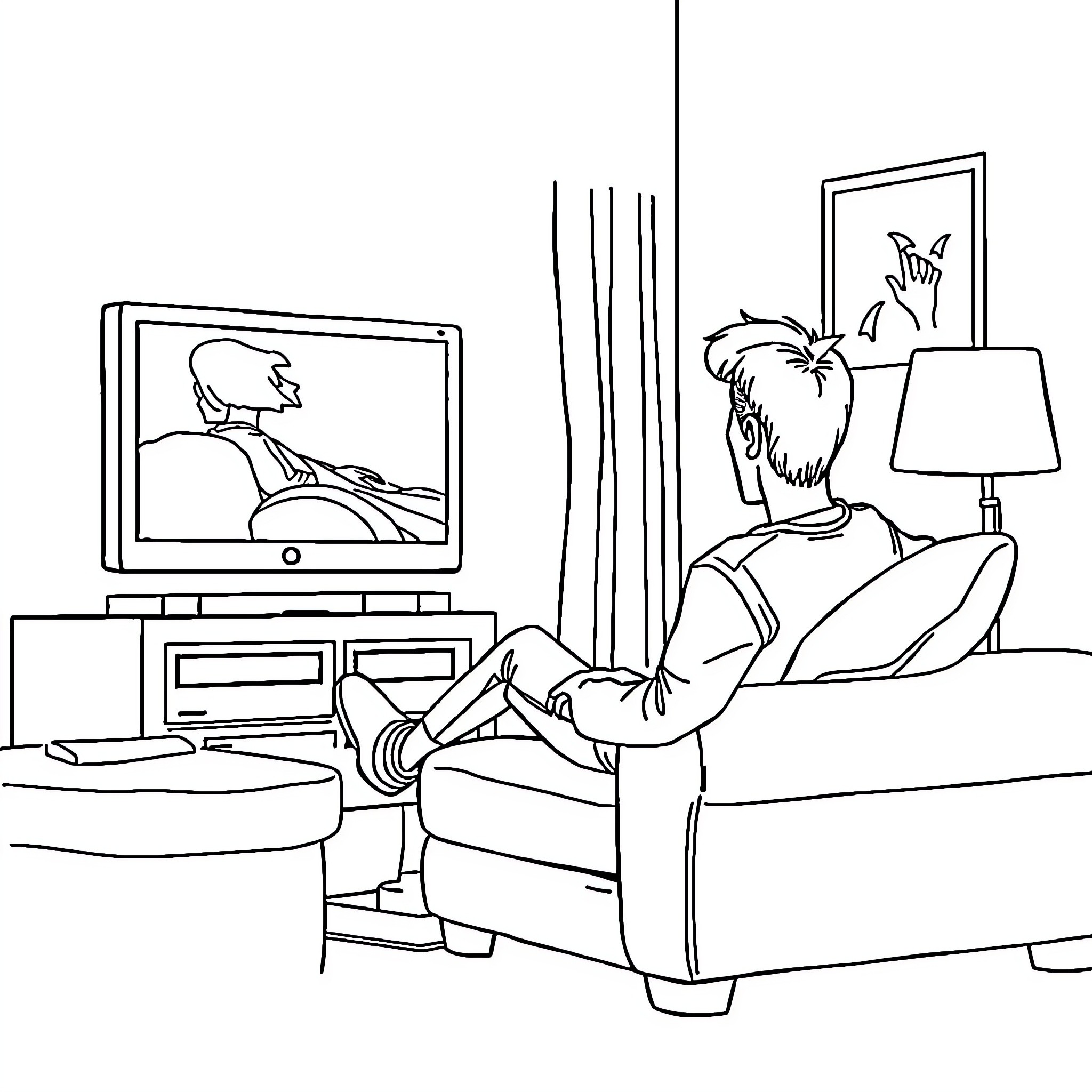 TV Characters Enjoying Relaxing Indoor Scenes Coloring Page (free black-and-white line drawing printable PDF for all, from beginners to advanced learners, including children, teens, adults, and seniors)