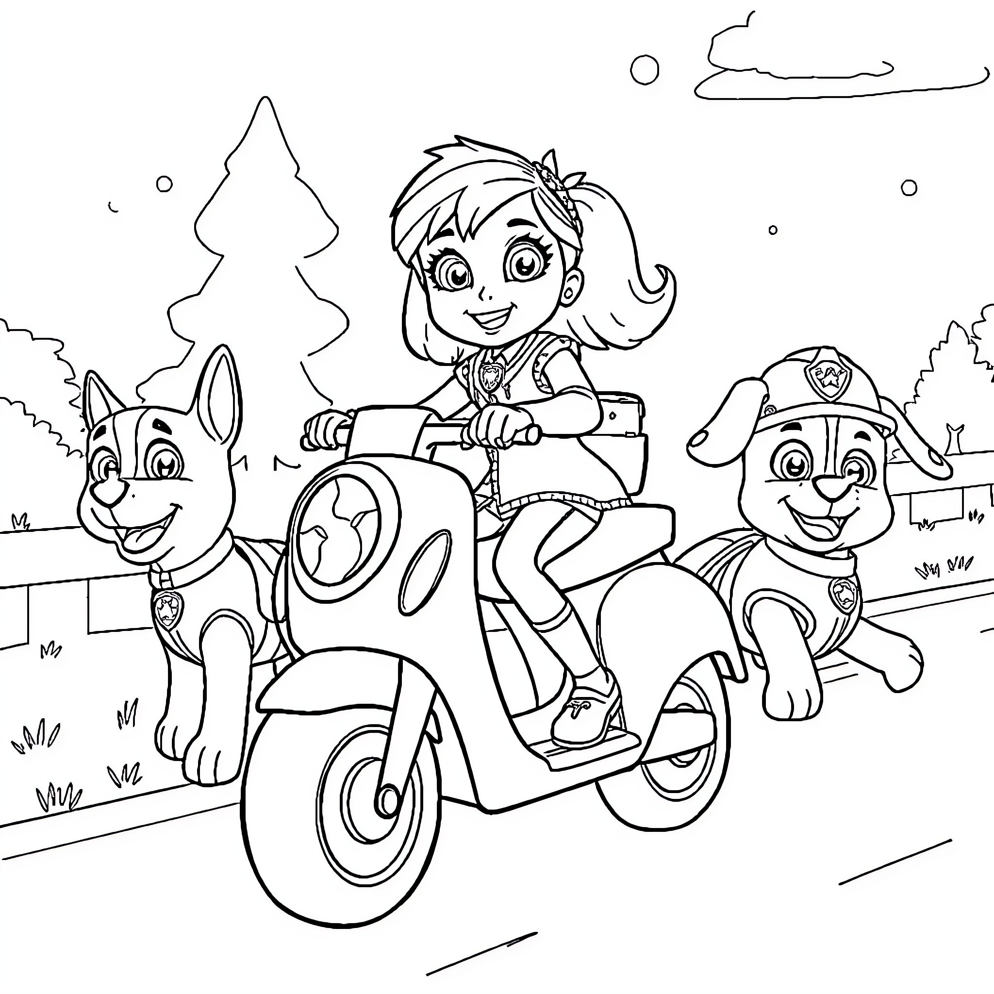 Stella's Scooter Adventure with Pup Patrol Pals Coloring Page (free black-and-white line drawing printable PDF for all, from beginners to advanced learners, including children, teens, adults, and seniors)
