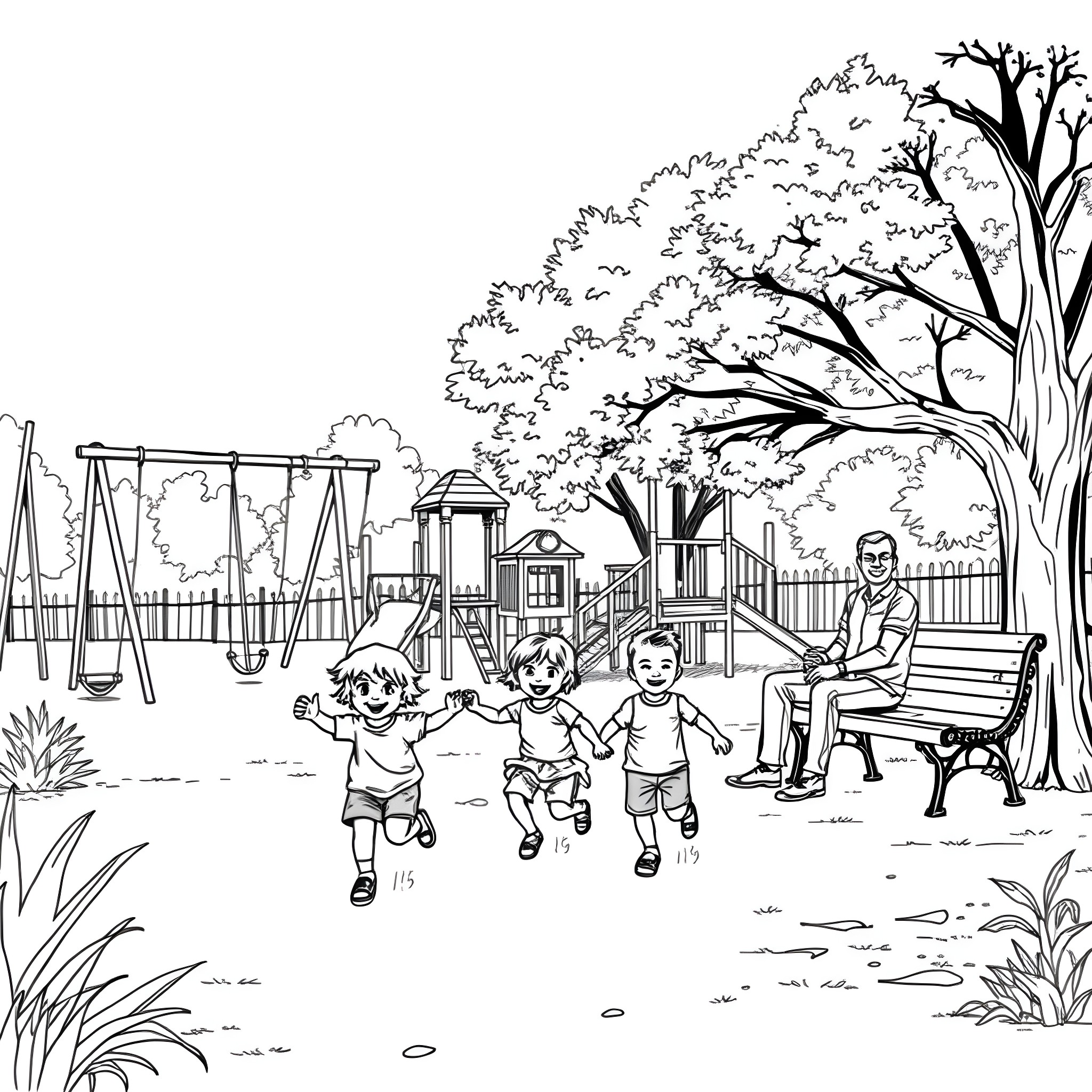 Children playing happily at the playground Coloring Page (free black-and-white line drawing printable PDF for all, from beginners to advanced learners, including children, teens, adults, and seniors)