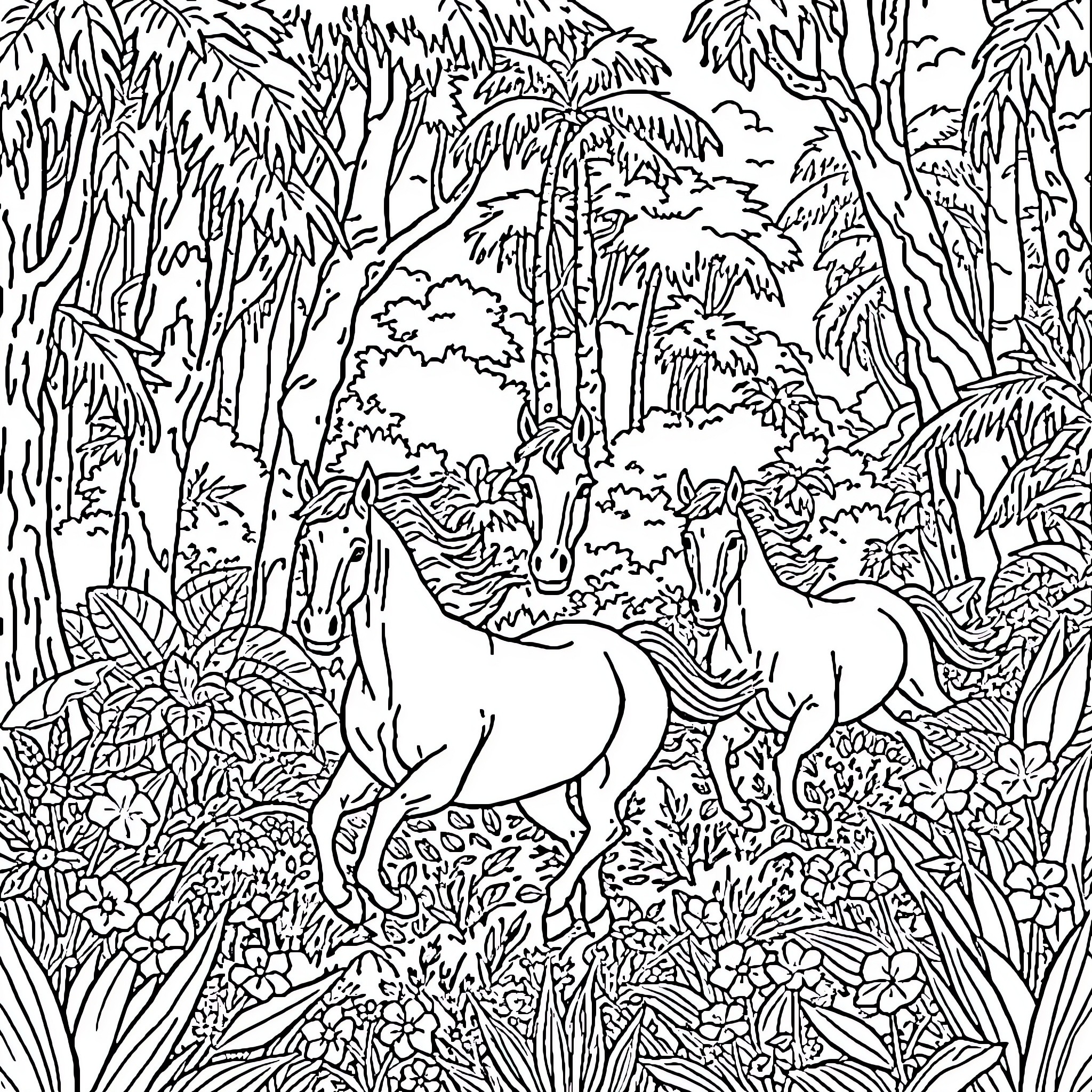 Horses in a lush forest landscape Coloring Page (free black-and-white line drawing printable PDF for all, from beginners to advanced learners, including children, teens, adults, and seniors)