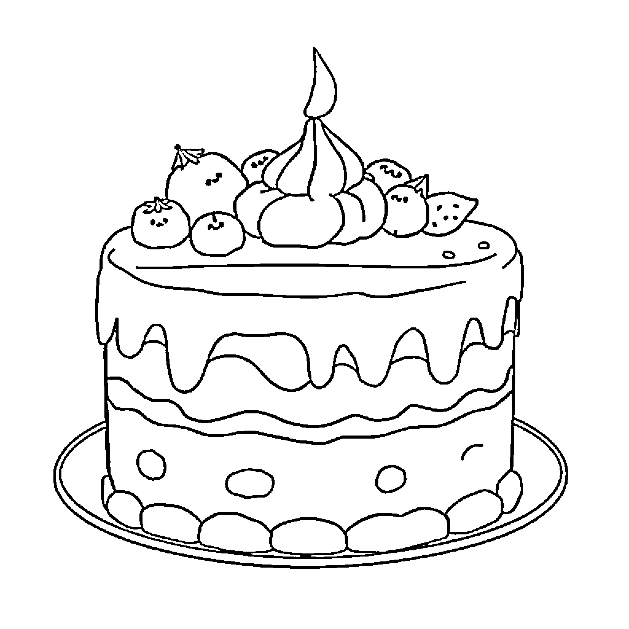 Giant Cake with Decorative Fruit Toppings Coloring Page (free black-and-white line drawing printable PDF for all, from beginners to advanced learners, including children, teens, adults, and seniors)