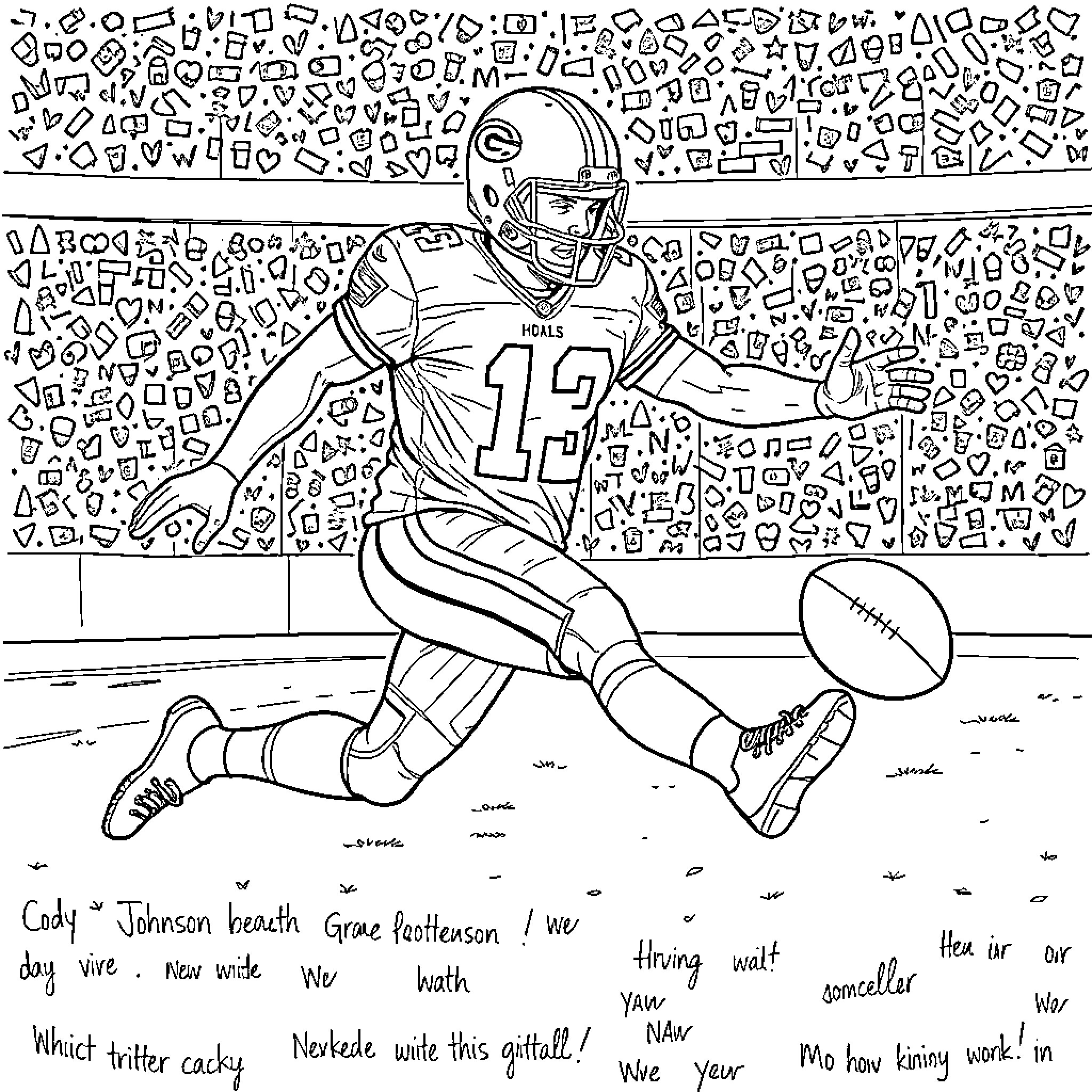Cody Johnson playing football with determination Coloring Page (free black-and-white line drawing printable PDF for all, from beginners to advanced learners, including children, teens, adults, and seniors)