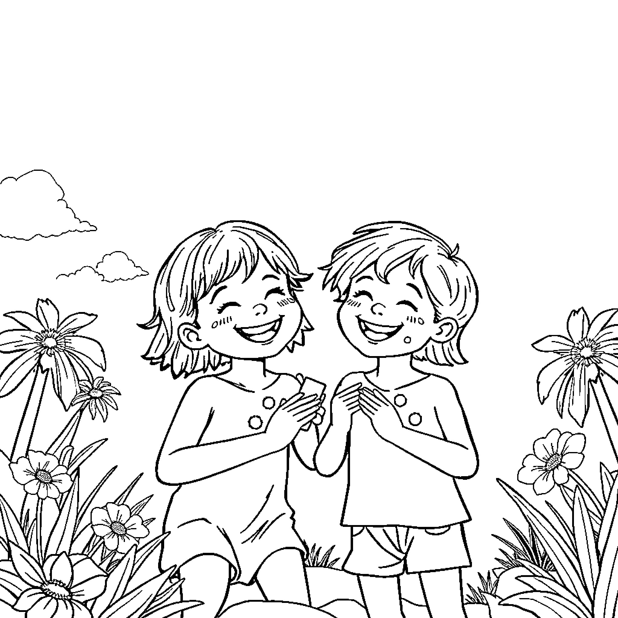 Child friends enjoying a sunny day in nature Coloring Page (free black-and-white line drawing printable PDF for all, from beginners to advanced learners, including children, teens, adults, and seniors)