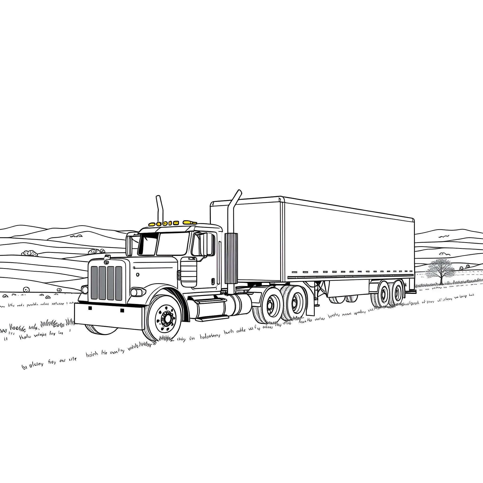 Gooseneck Trailer Hauling Cargo on a Winding Road Coloring Page (free black-and-white line drawing printable PDF for all, from beginners to advanced learners, including children, teens, adults, and seniors)