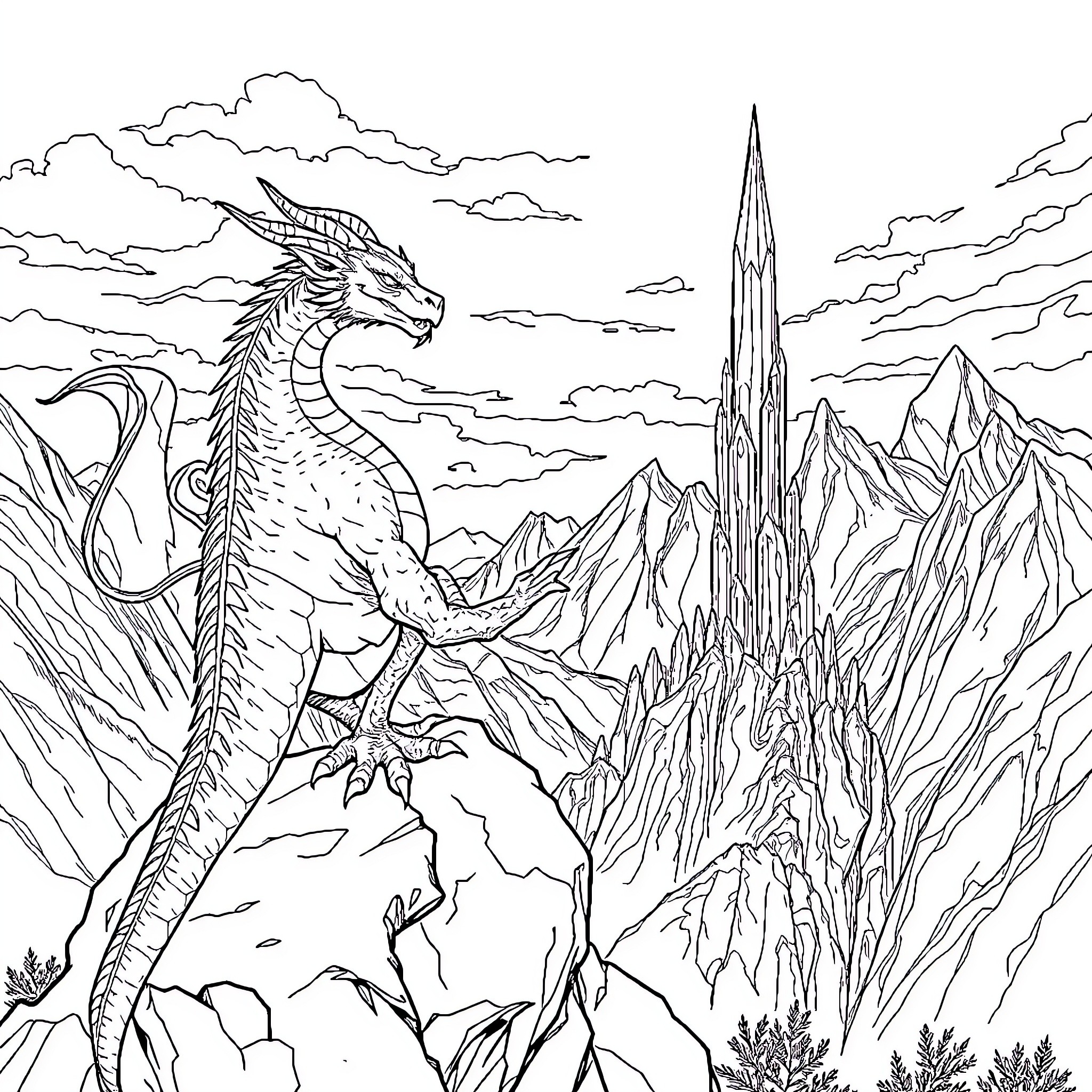 Dragon perched on rocky mountain peak overlooking landscape Coloring Page (free black-and-white line drawing printable PDF for all, from beginners to advanced learners, including children, teens, adults, and seniors)