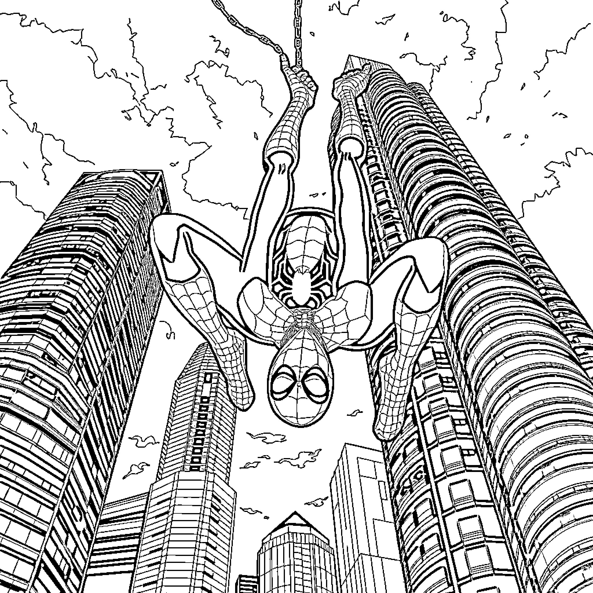 Spiderman swinging among skyscrapers in the city Coloring Page (free black-and-white line drawing printable PDF for all, from beginners to advanced learners, including children, teens, adults, and seniors)
