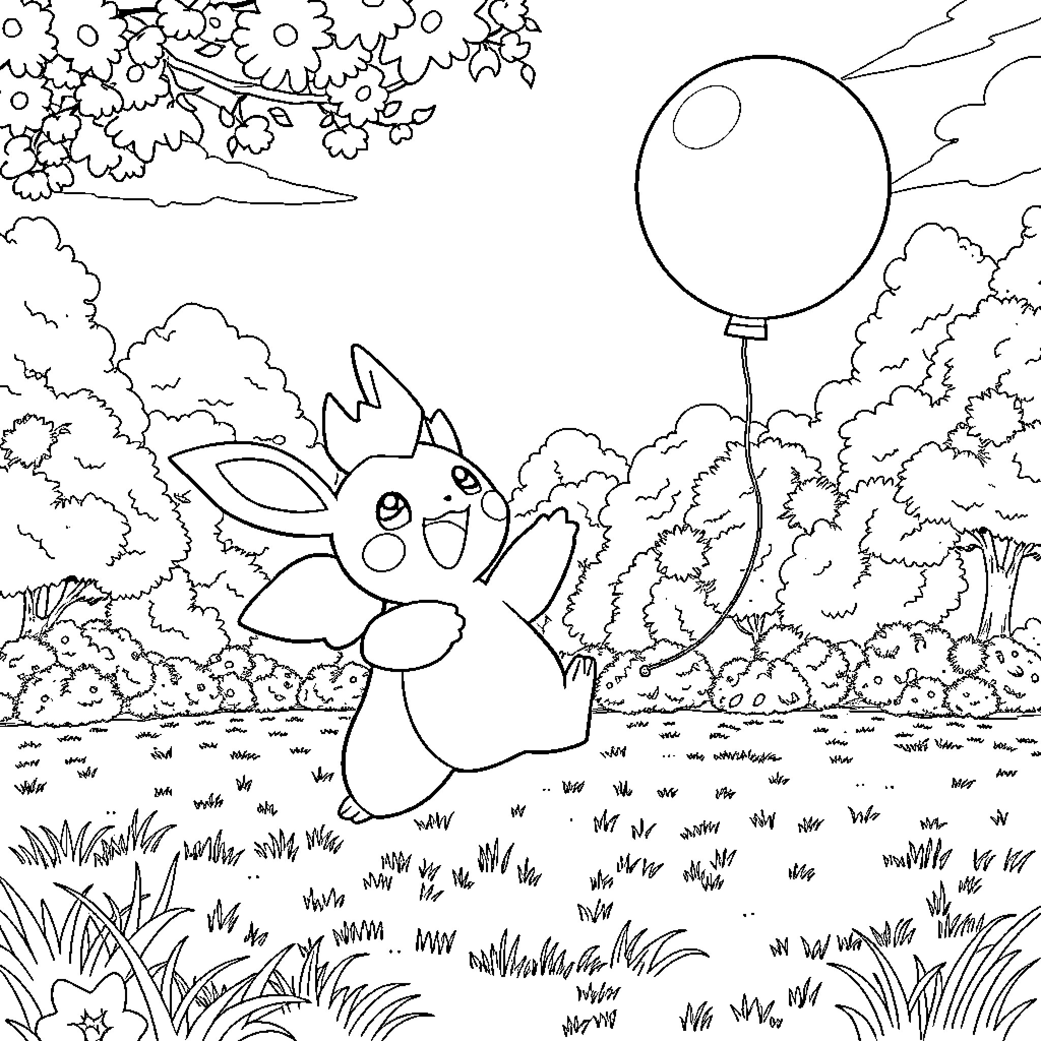 Eevee frolicking joyfully in a whimsical outdoor scene Coloring Page (free black-and-white line drawing printable PDF for all, from beginners to advanced learners, including children, teens, adults, and seniors)