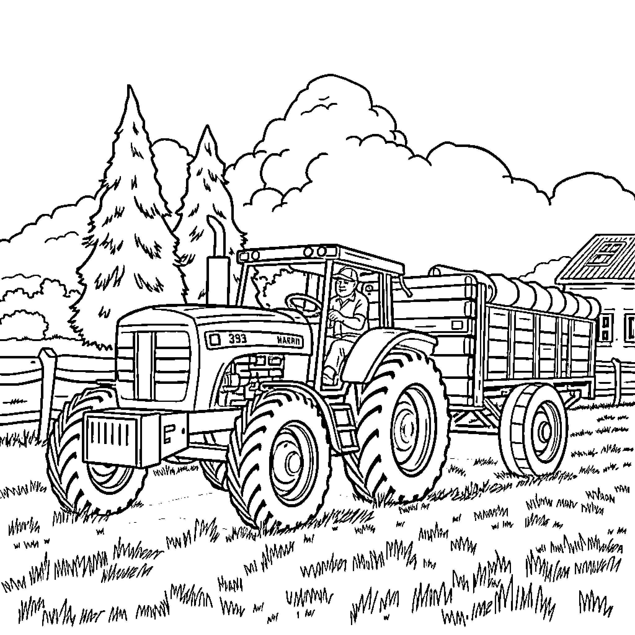 Tractor transporting a full load through the countryside Coloring Page (free black-and-white line drawing printable PDF for all, from beginners to advanced learners, including children, teens, adults, and seniors)