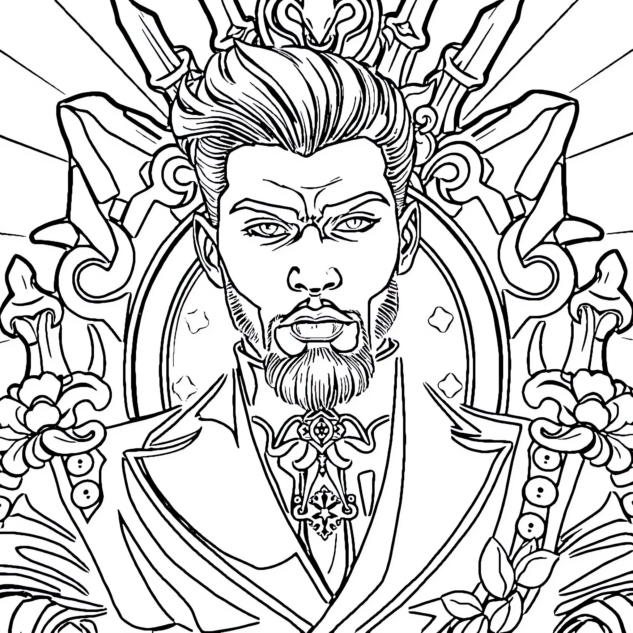 Hombre decorativo con expressões de raiva Coloring Page (free black-and-white line drawing printable PDF for all, from beginners to advanced learners, including children, teens, adults, and seniors)