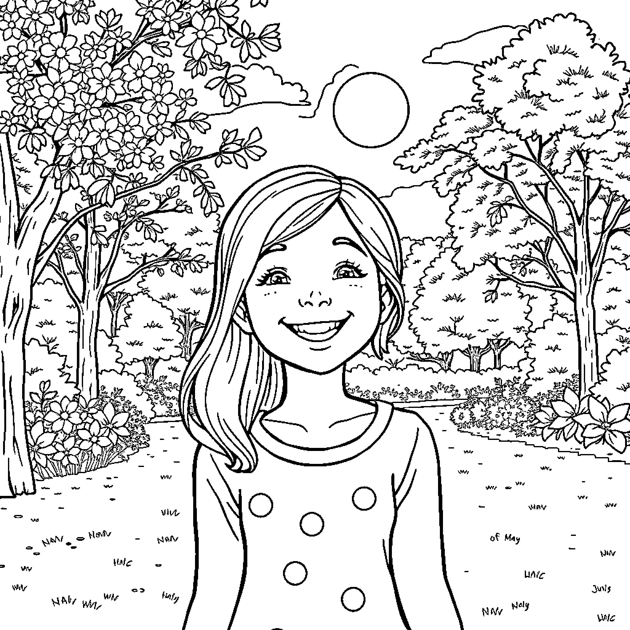 Emma's Joyful Stroll in the Flowering Garden Coloring Page (free black-and-white line drawing printable PDF for all, from beginners to advanced learners, including children, teens, adults, and seniors)