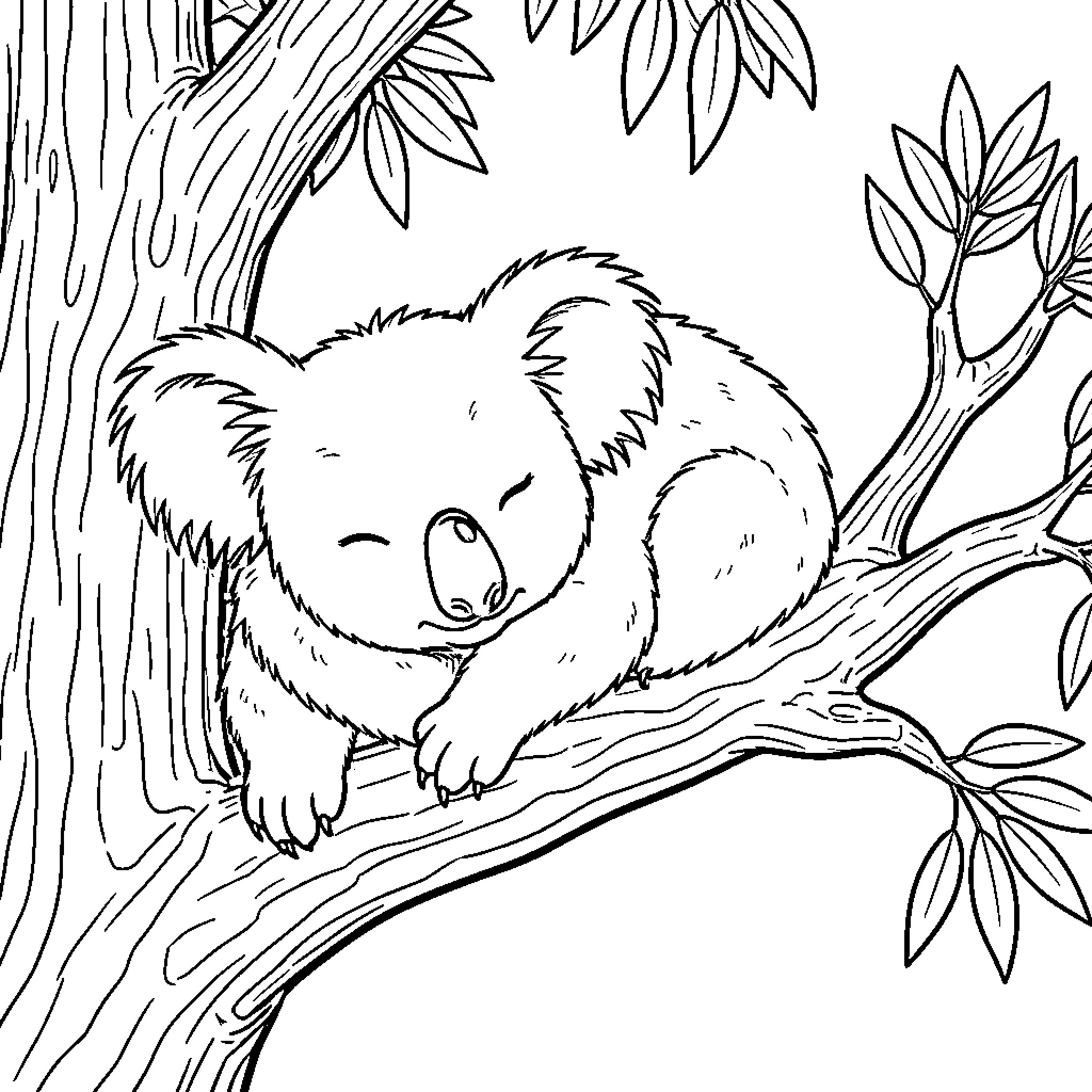 Koala resting peacefully in the forest Coloring Page (free black-and-white line drawing printable PDF for all, from beginners to advanced learners, including children, teens, adults, and seniors)