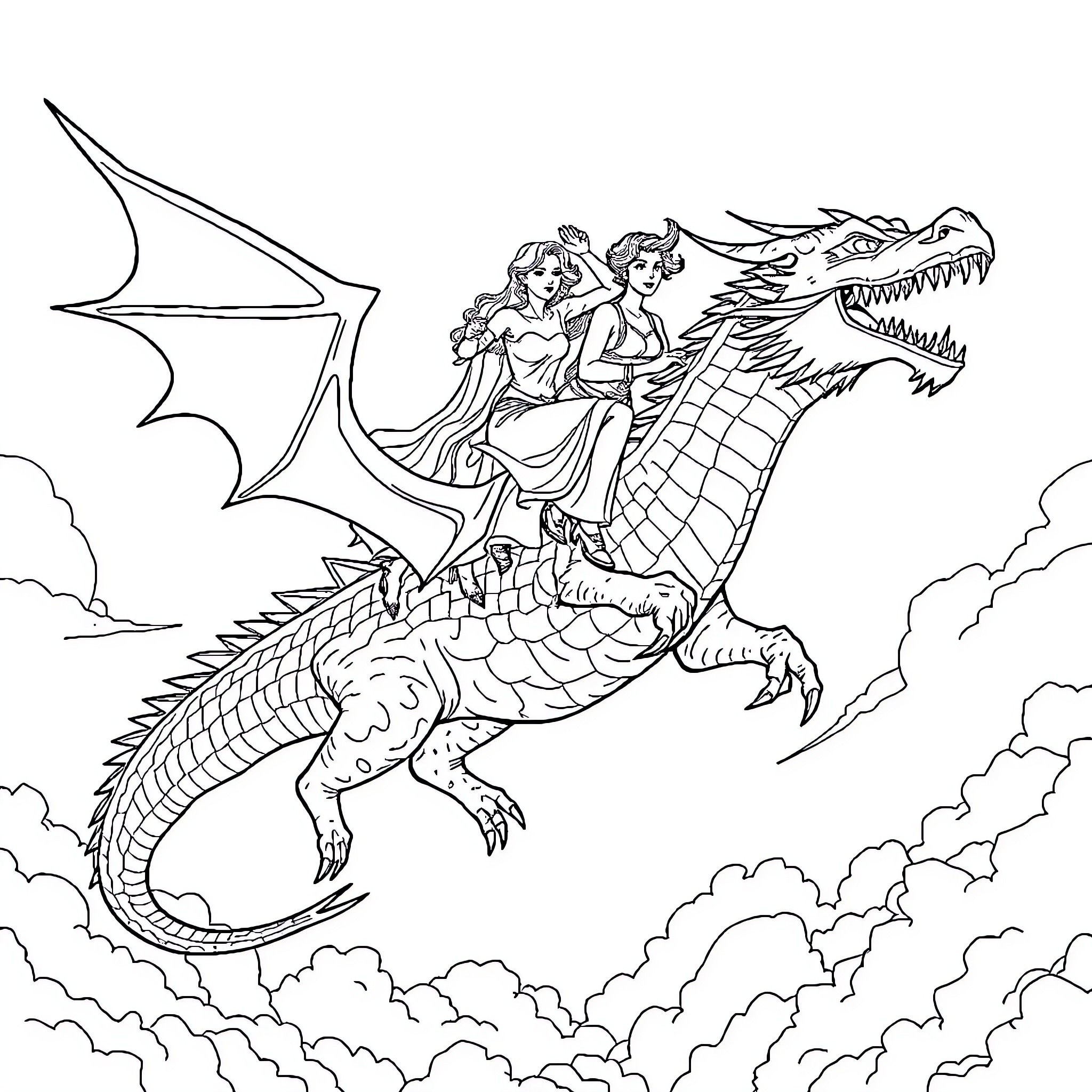 Woman riding a fearsome dragon in the sky Coloring Page (free black-and-white line drawing printable PDF for all, from beginners to advanced learners, including children, teens, adults, and seniors)
