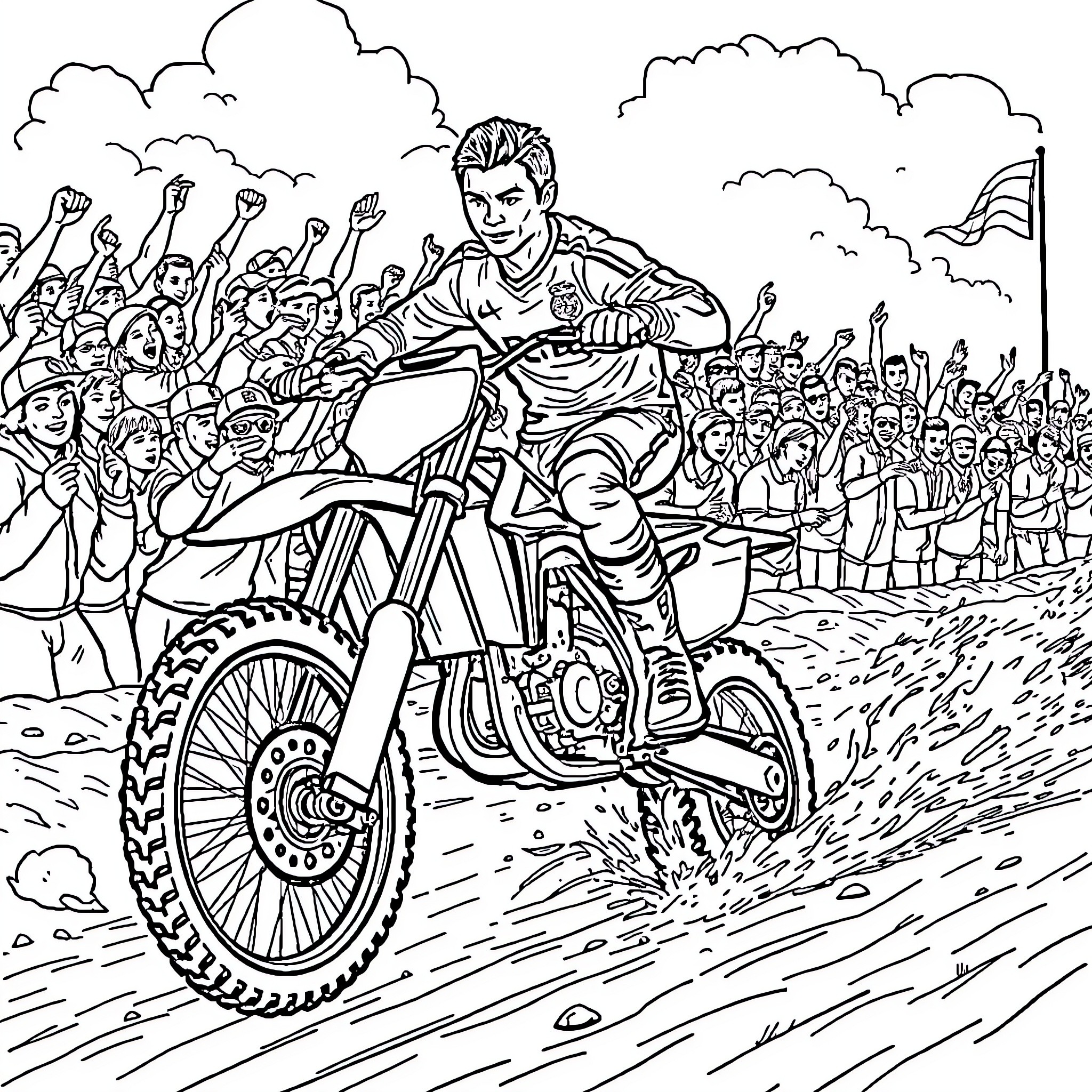 Cristiano Ronaldo racing motorcycle through cheering crowd Coloring Page (free black-and-white line drawing printable PDF for all, from beginners to advanced learners, including children, teens, adults, and seniors)