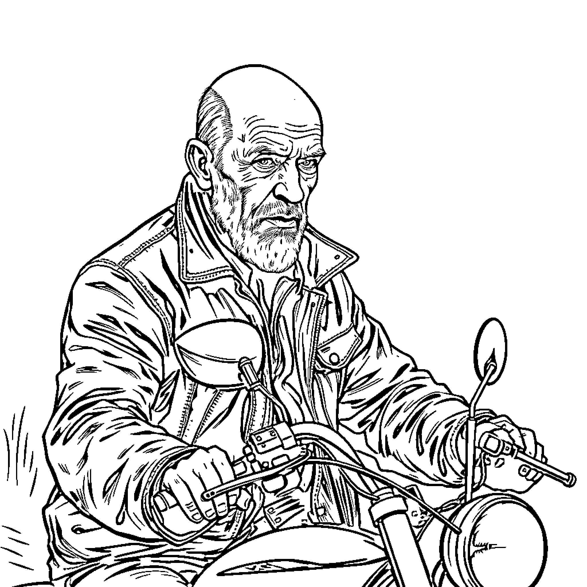Man riding motorcycle with a serious expression Coloring Page (free black-and-white line drawing printable PDF for all, from beginners to advanced learners, including children, teens, adults, and seniors)