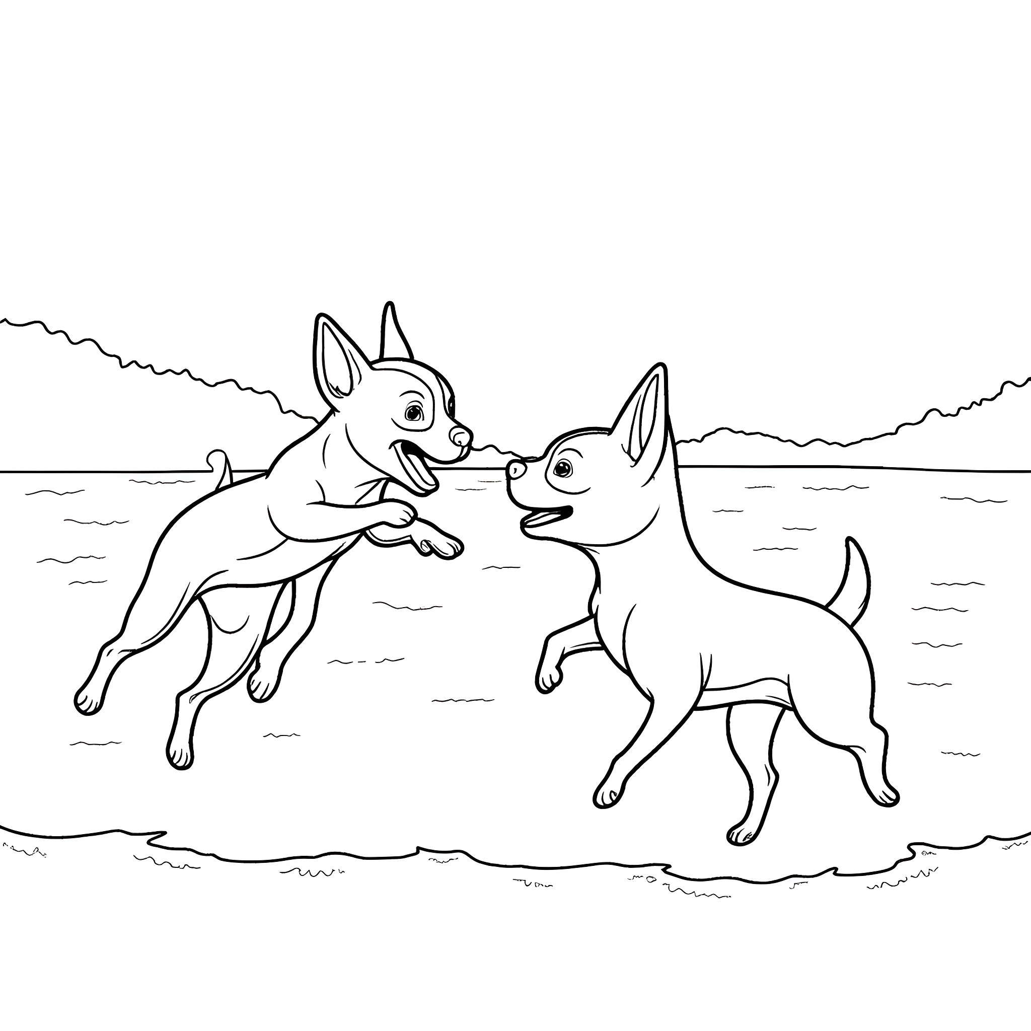 Boston Terriers playing joyfully in the park Coloring Page (free black-and-white line drawing printable PDF for all, from beginners to advanced learners, including children, teens, adults, and seniors)