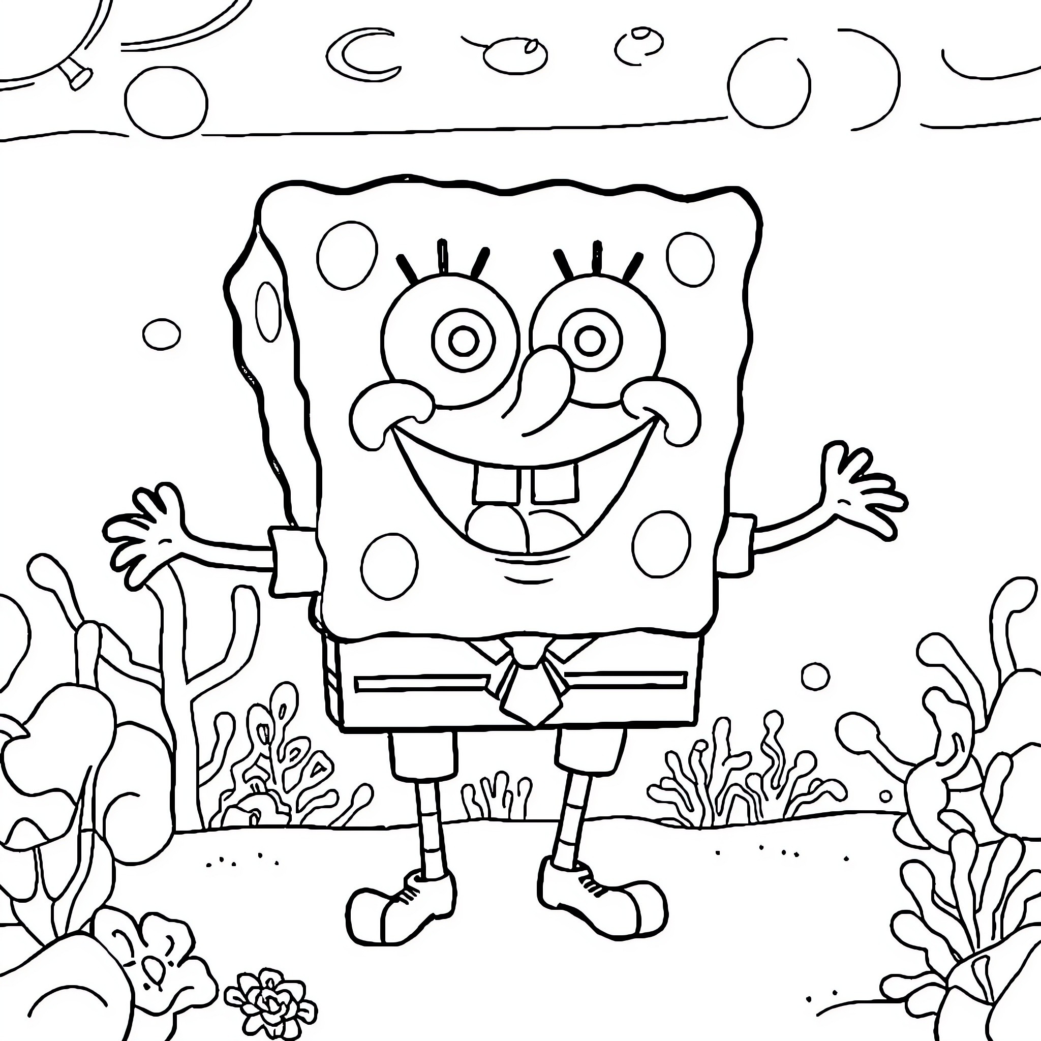 Spongebob's Cheerful Underwater Adventure Coloring Page (free black-and-white line drawing printable PDF for all, from beginners to advanced learners, including children, teens, adults, and seniors)