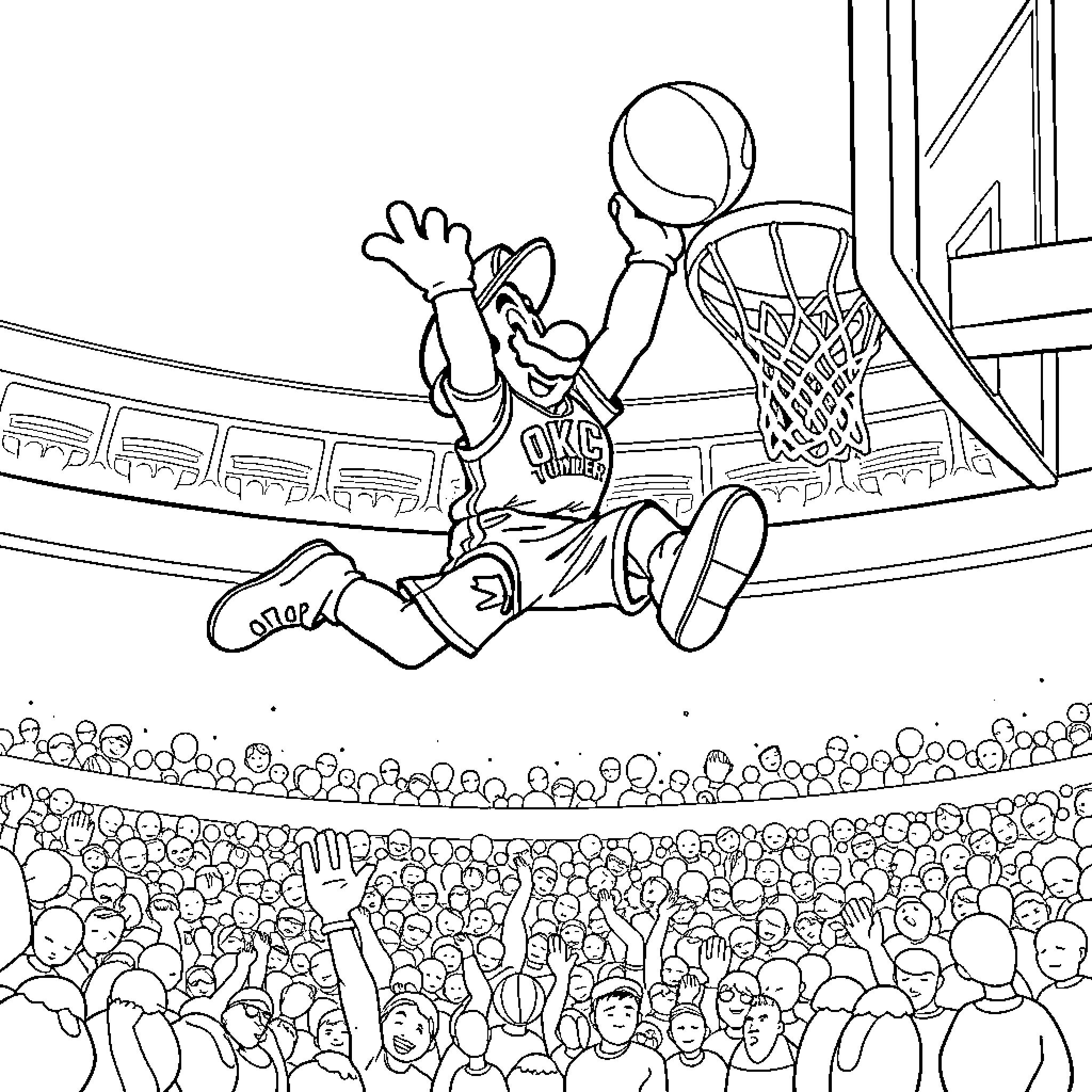Mario scoring a basketball shot in a crowded arena Coloring Page (free black-and-white line drawing printable PDF for all, from beginners to advanced learners, including children, teens, adults, and seniors)