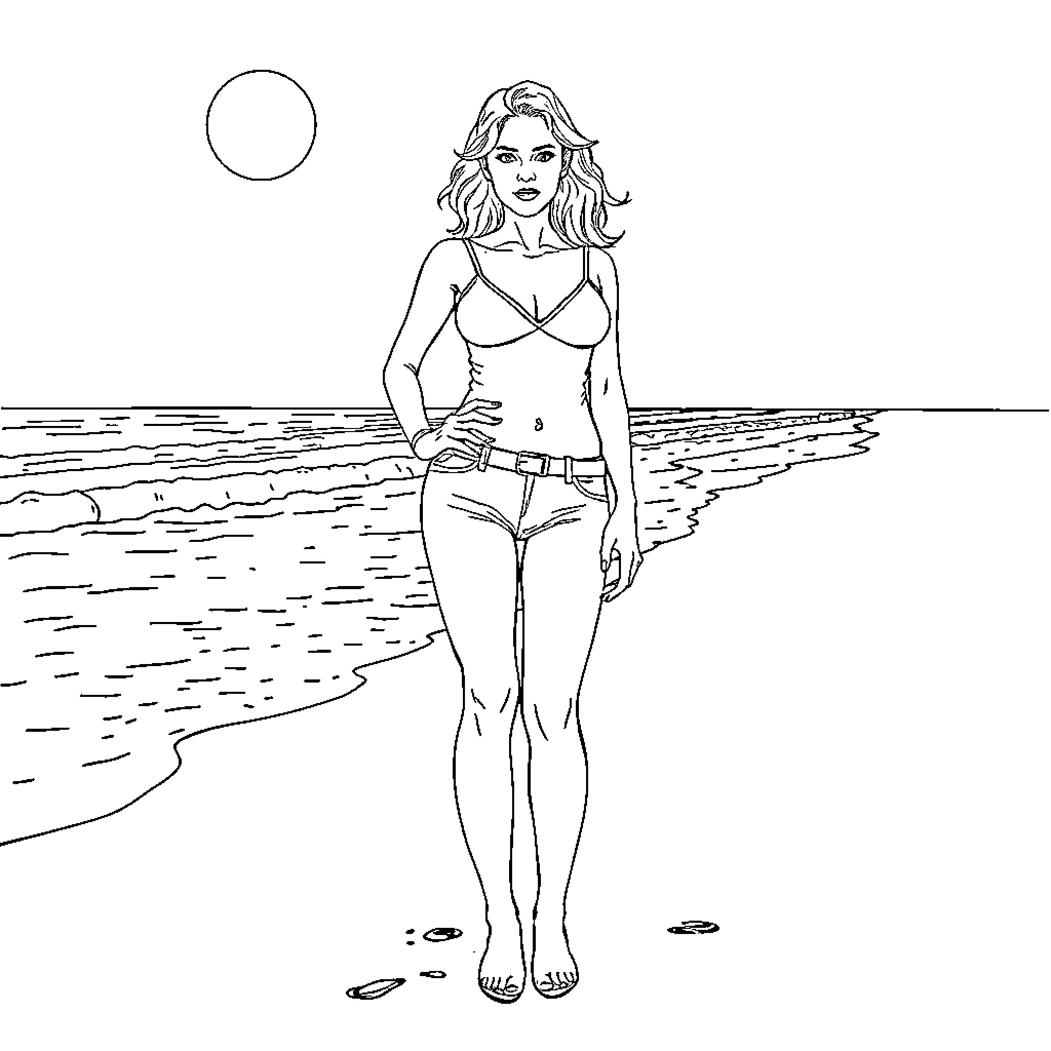 Scarlett Johansson enjoying a day at the beach Coloring Page (free black-and-white line drawing printable PDF for all, from beginners to advanced learners, including children, teens, adults, and seniors)
