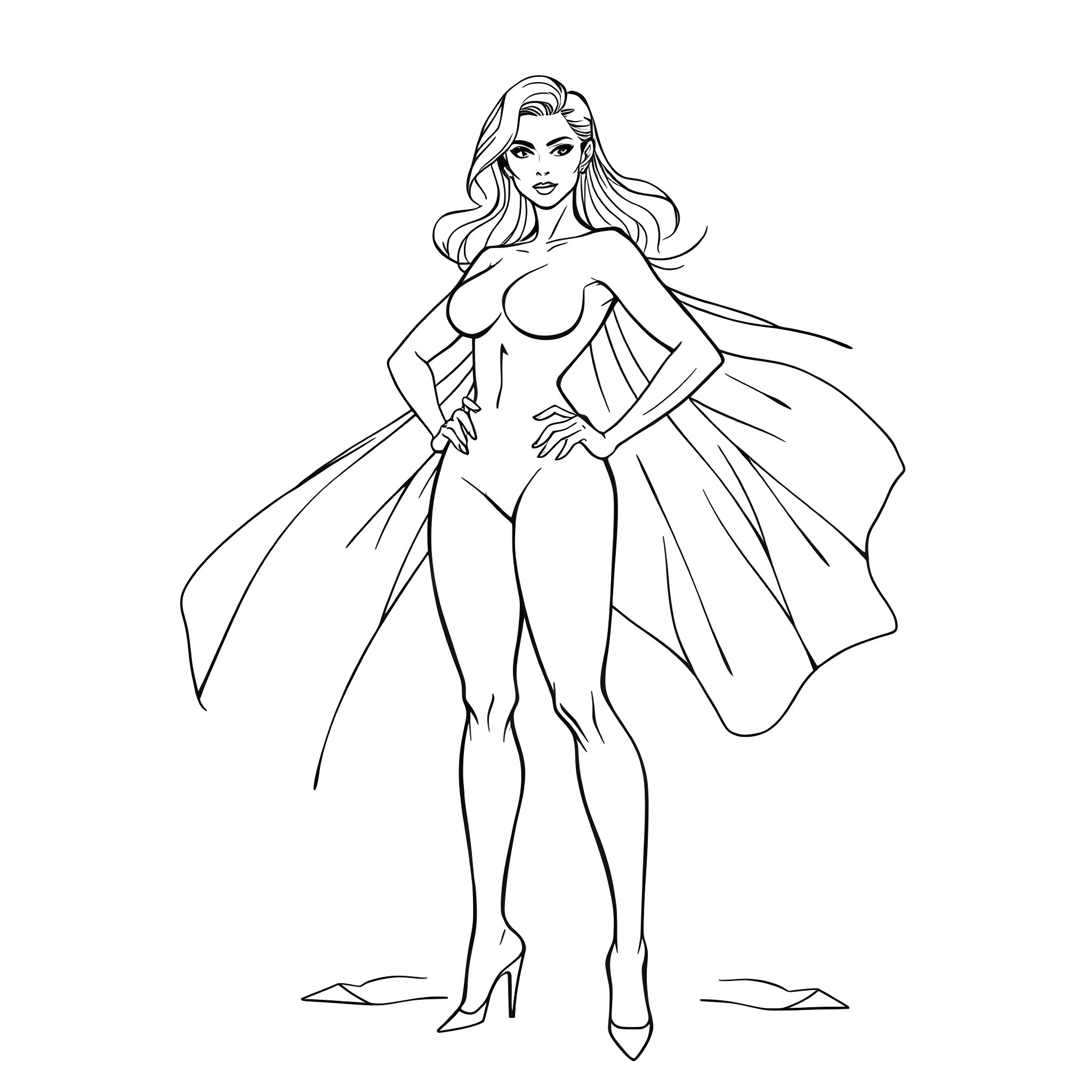 Woman in elegant dress striking a confident pose Coloring Page (free black-and-white line drawing printable PDF for all, from beginners to advanced learners, including children, teens, adults, and seniors)