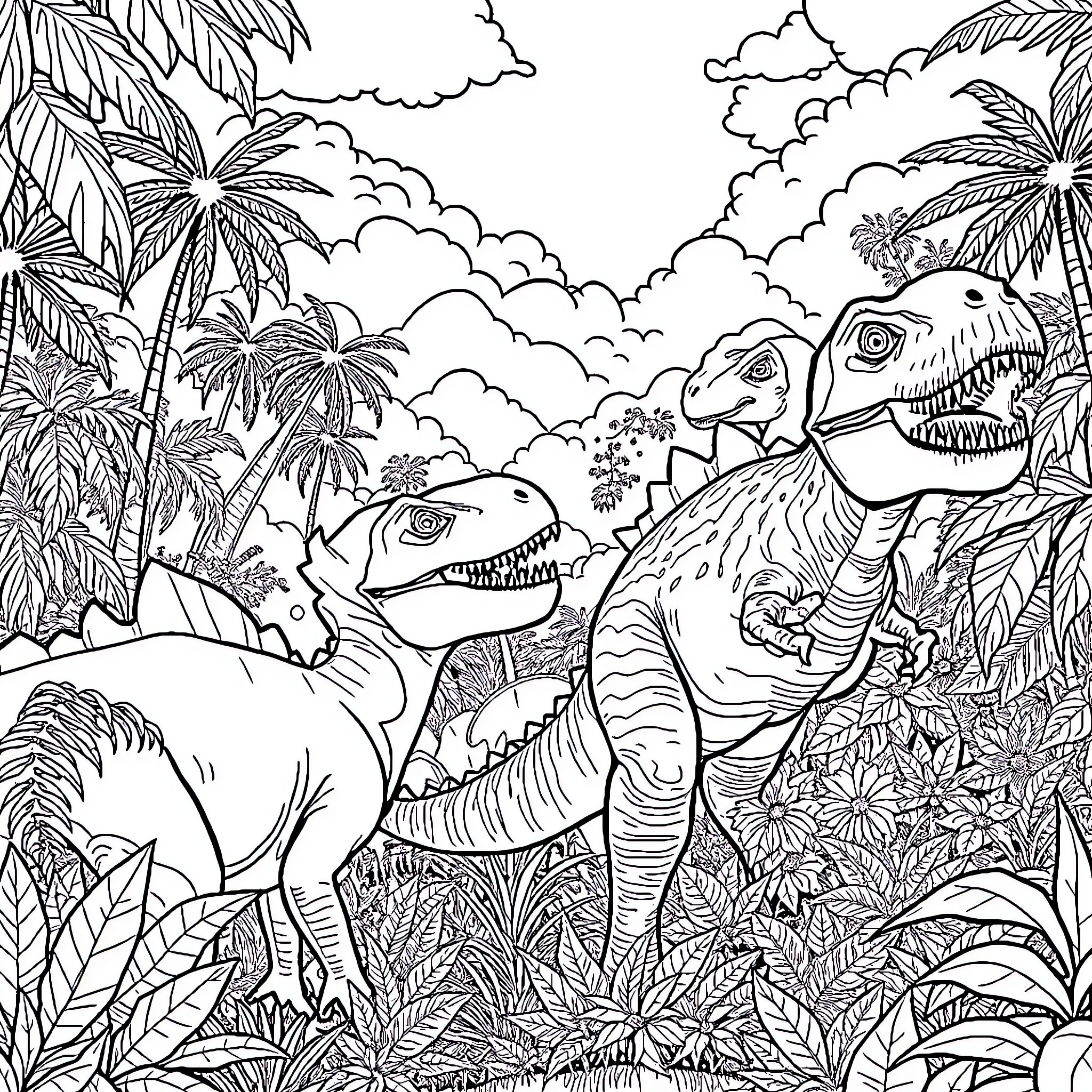 Dinosaurs Roaming in Tropical Jungle Coloring Page (free black-and-white line drawing printable PDF for all, from beginners to advanced learners, including children, teens, adults, and seniors)